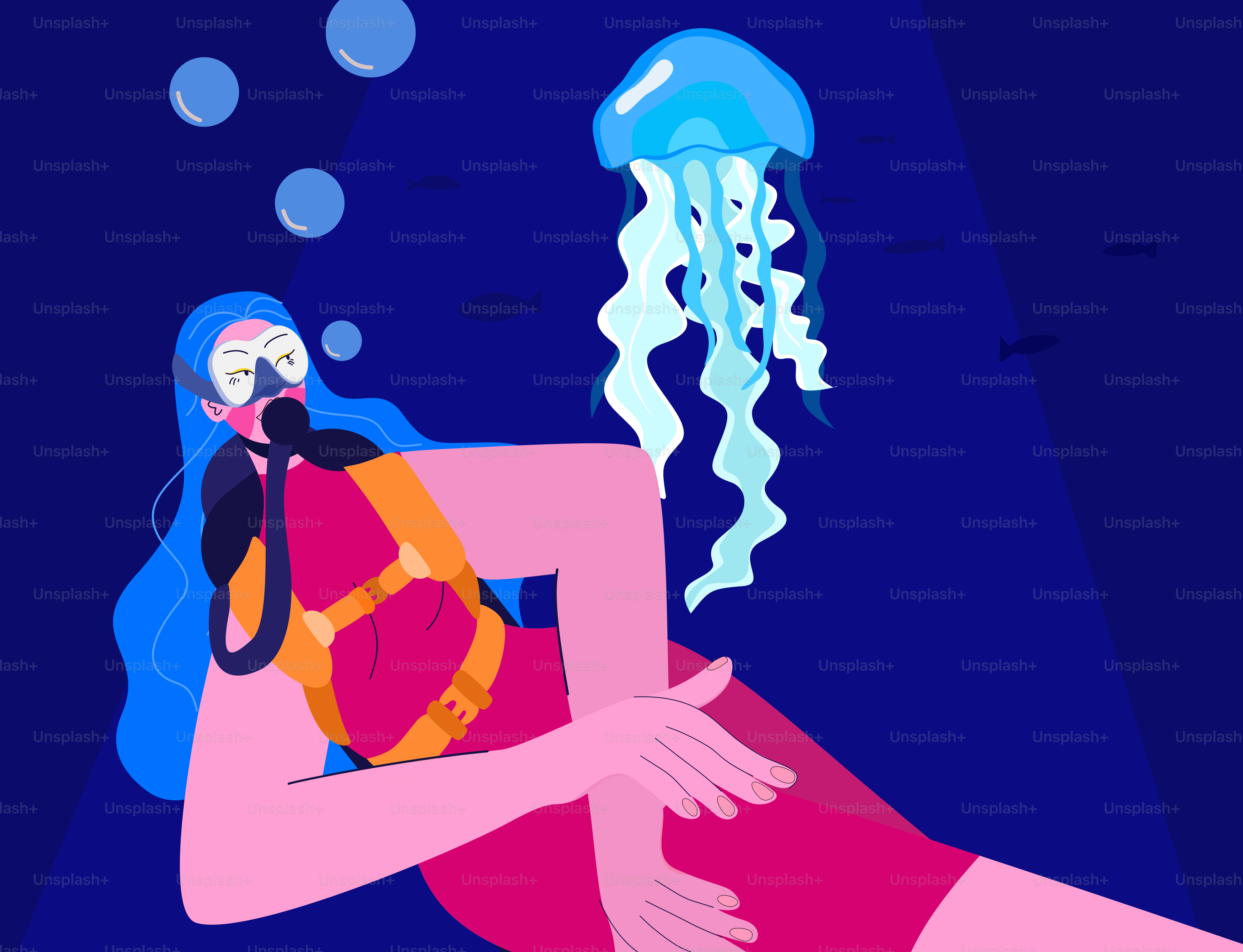 A diver swims with a jellyfish underwater.