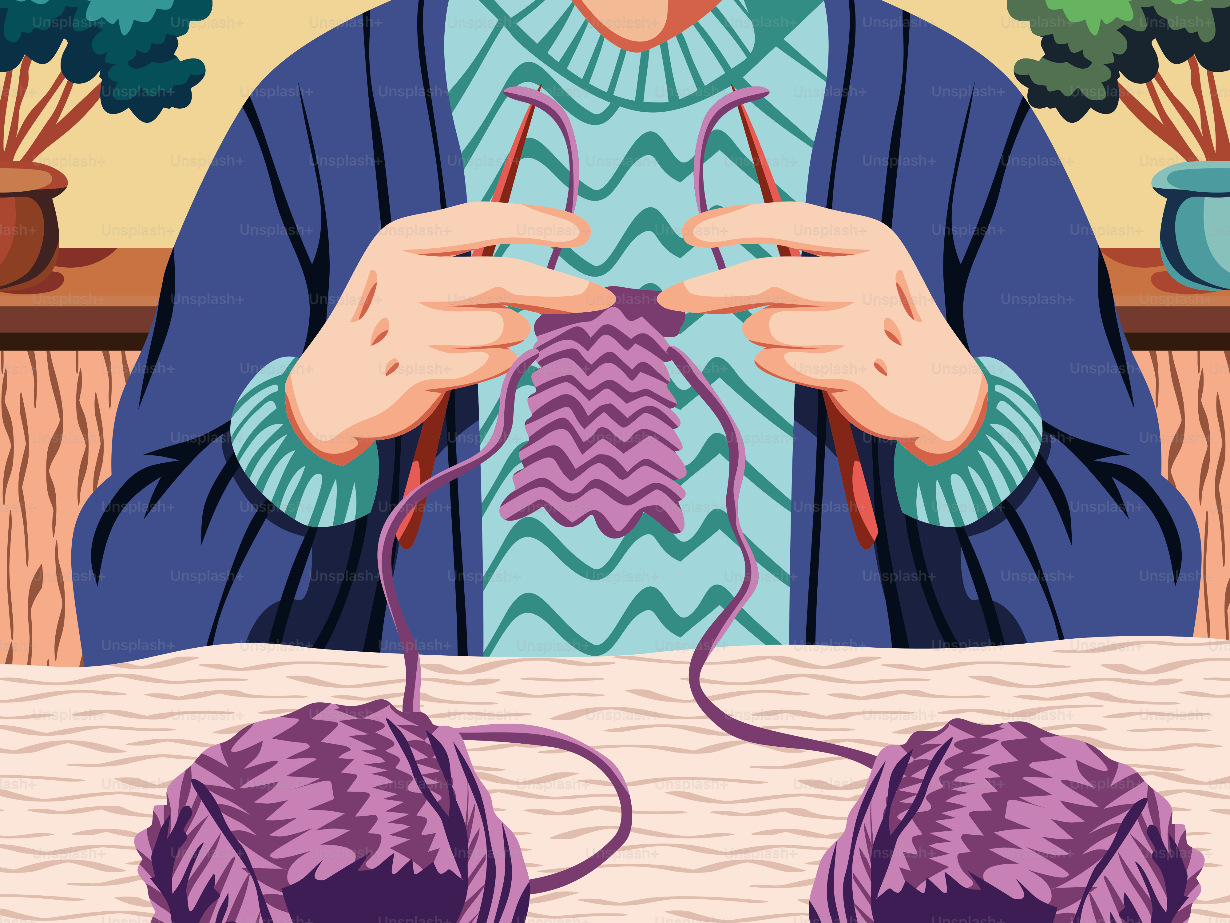 Person is knitting with purple yarn.