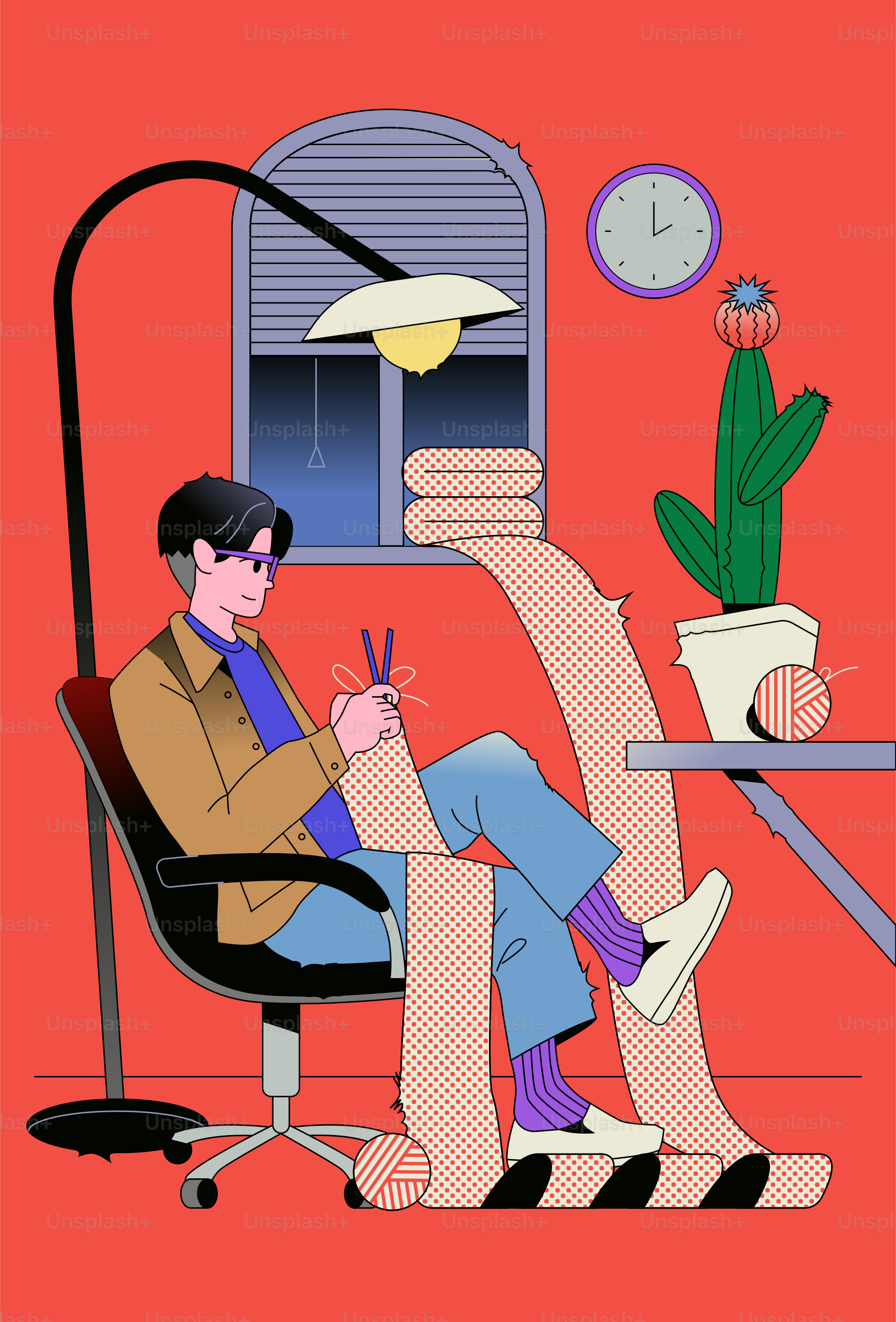 Person knits a long scarf in a cozy room.