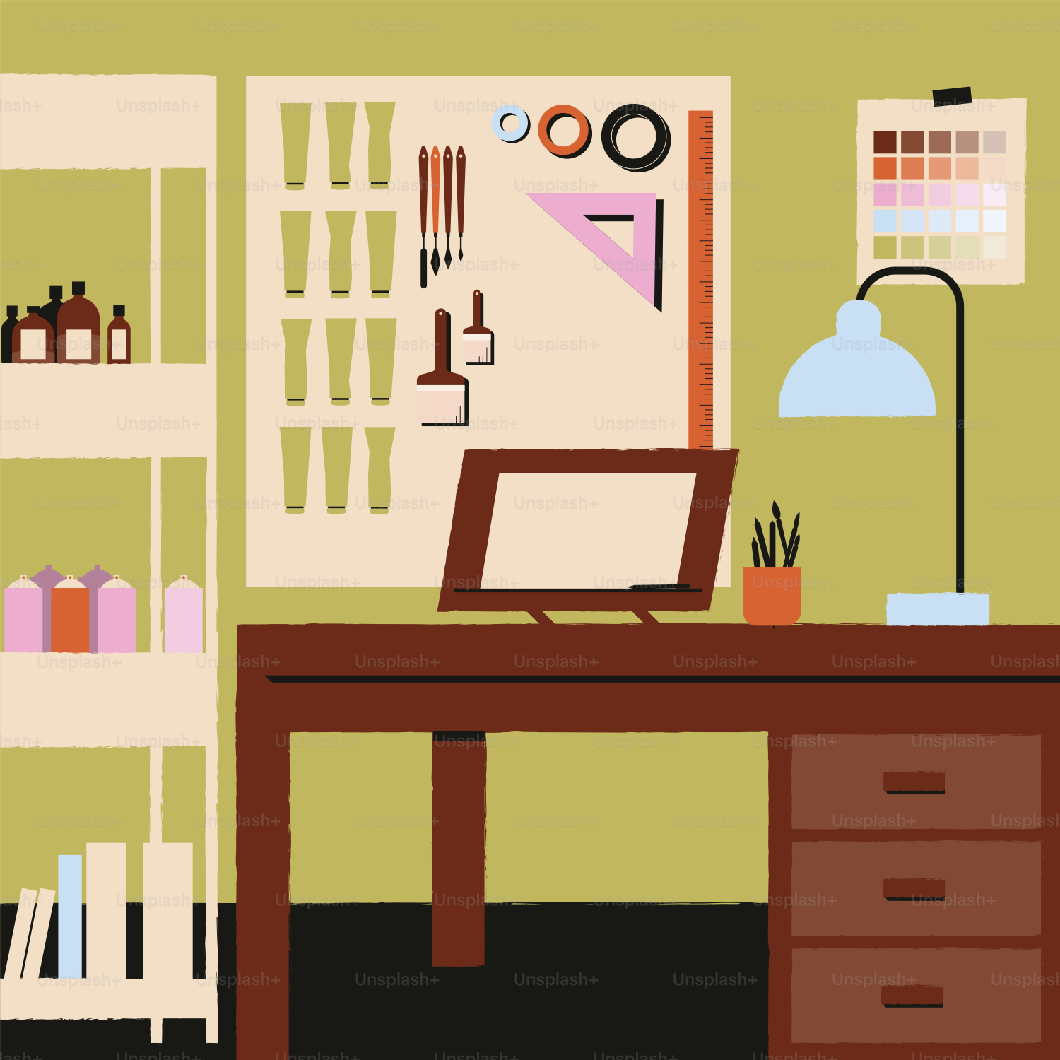 Un espacio de trabajo para artistas con herramientas y suministros.