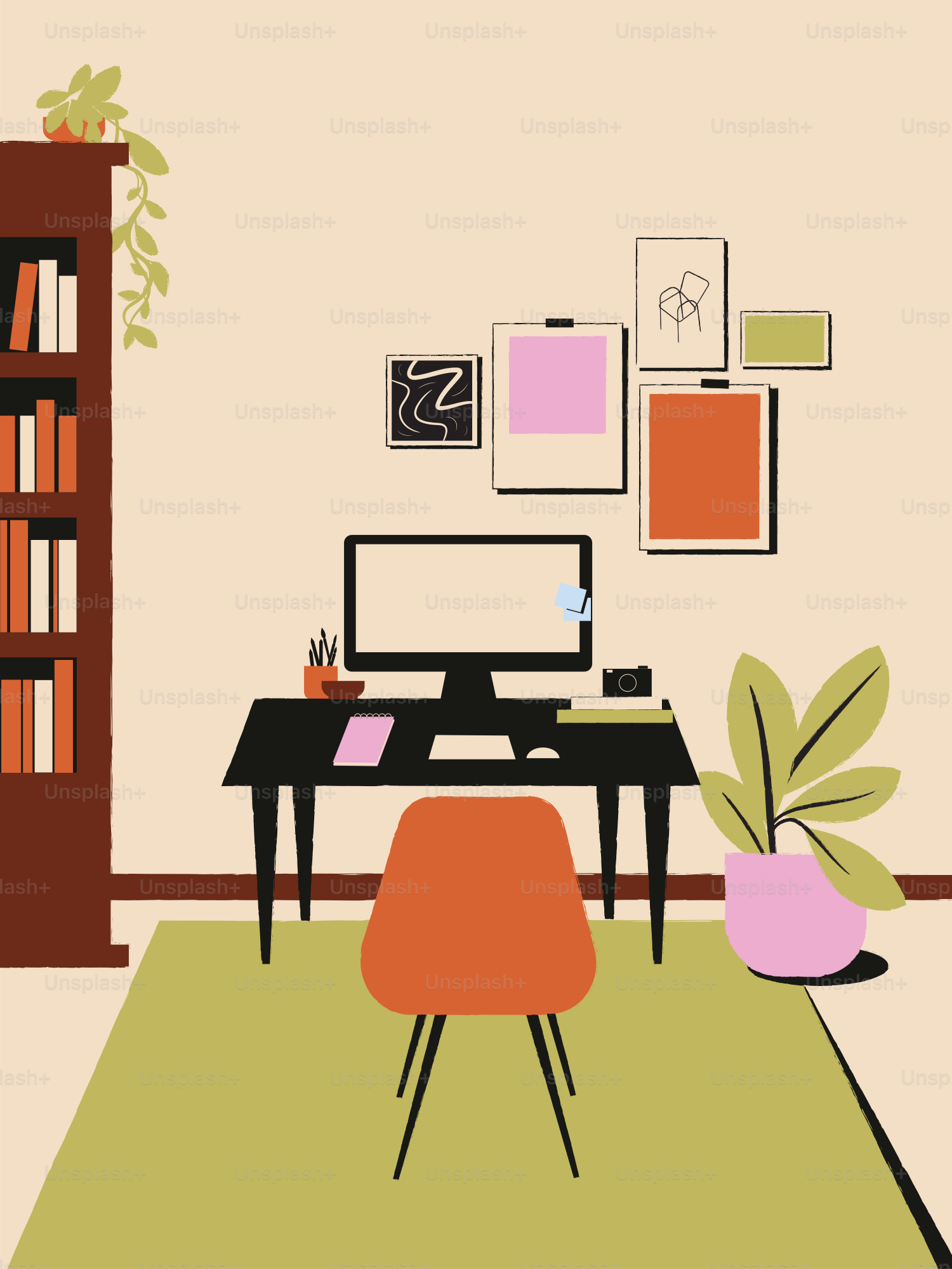 Acogedor despacho en casa con libros, arte y plantas.