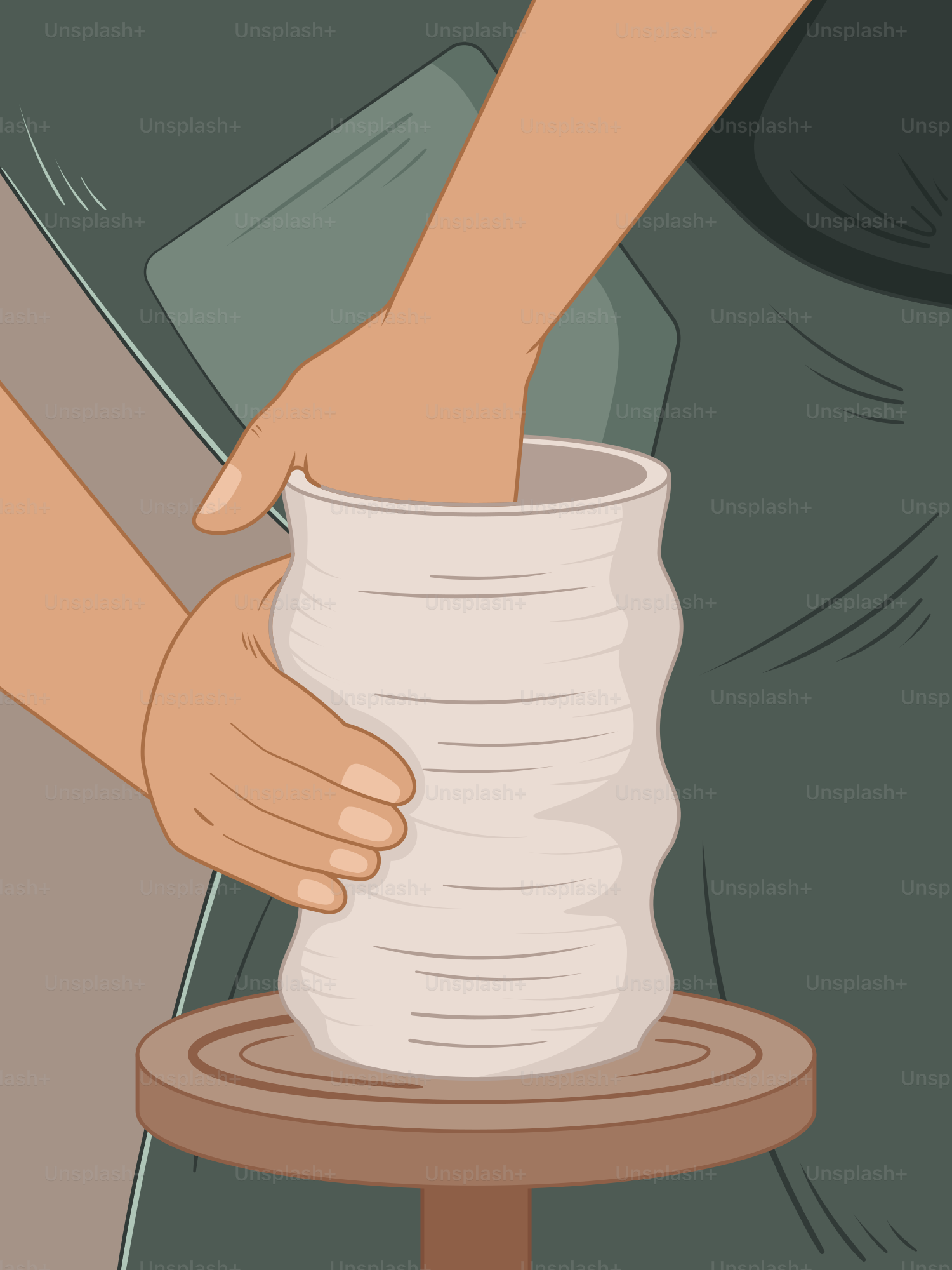 Hands shaping a clay vase on a potter's wheel.