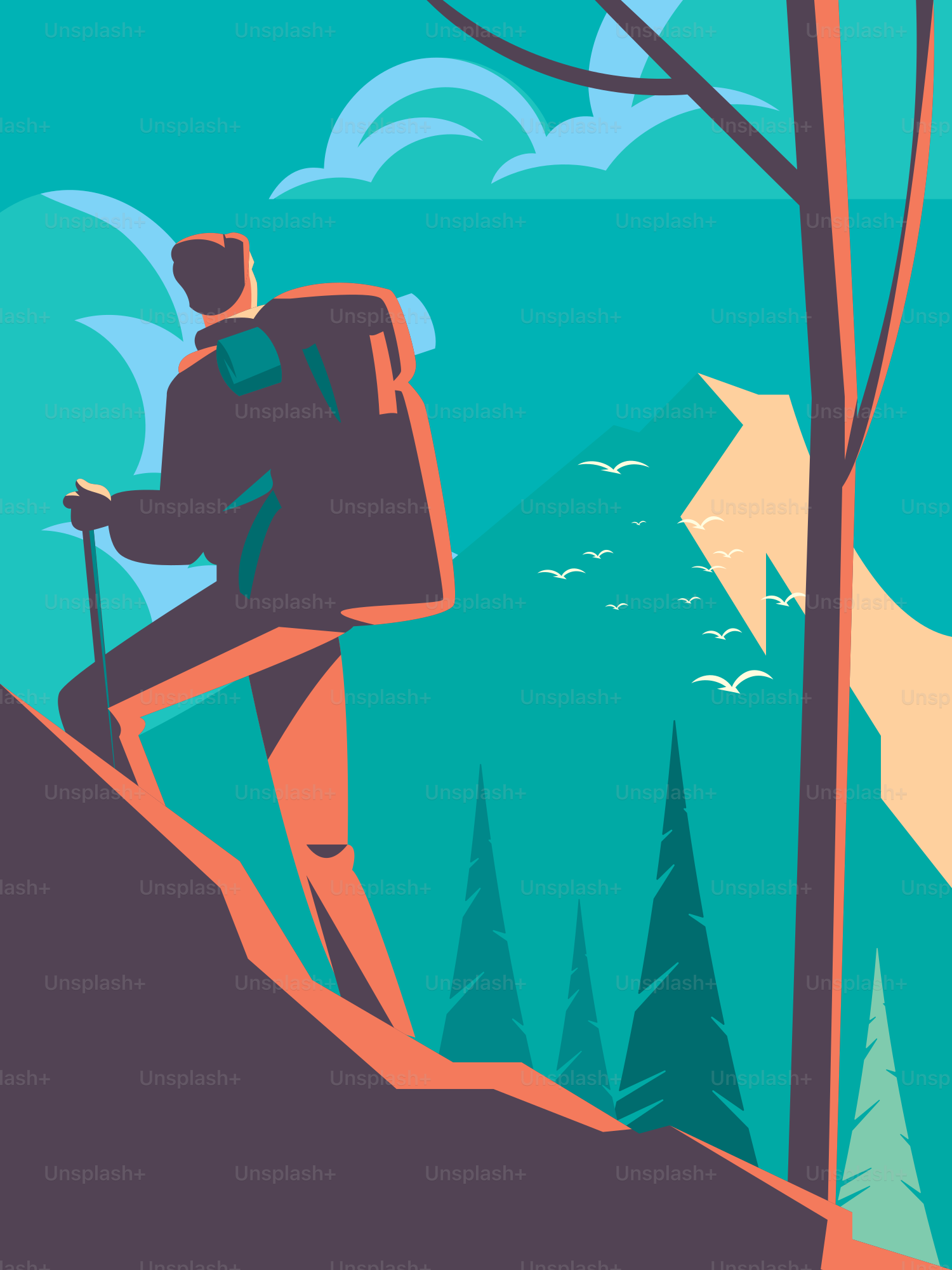 Hiker climbs a mountain in the scenic wilderness.