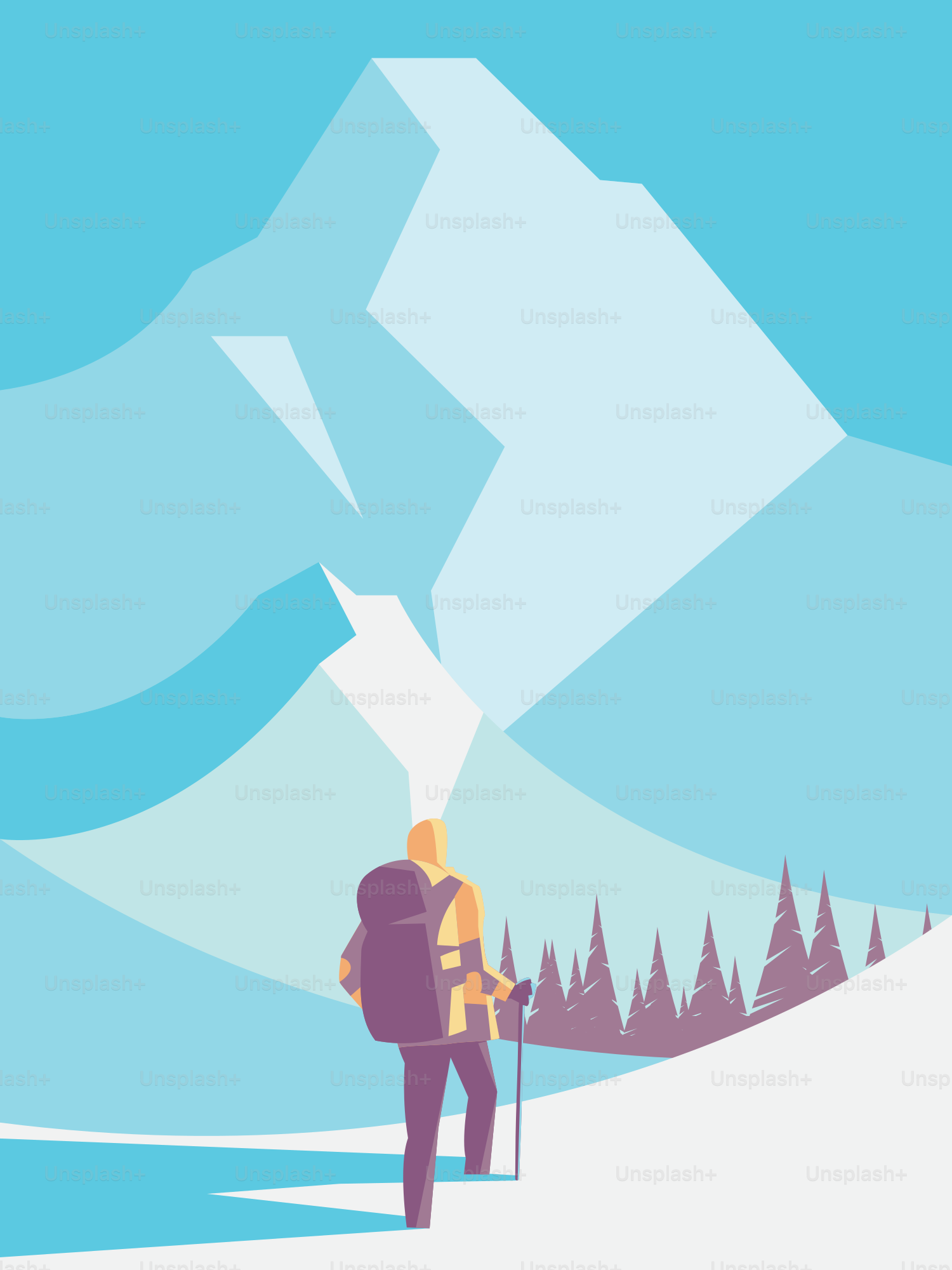 ハイカーは雪山を頂上に向かって登ります。