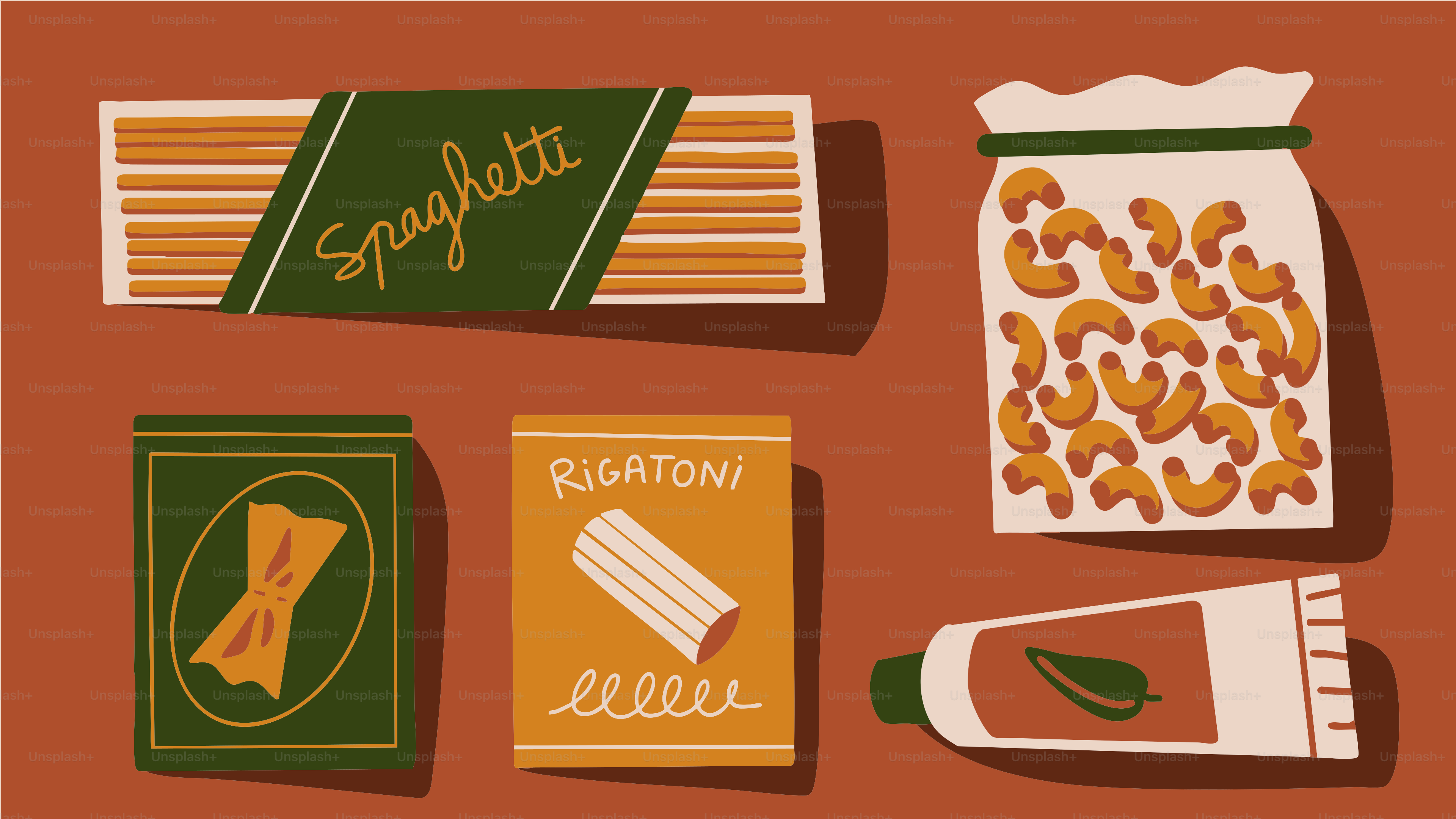 Different types of pasta are pictured.