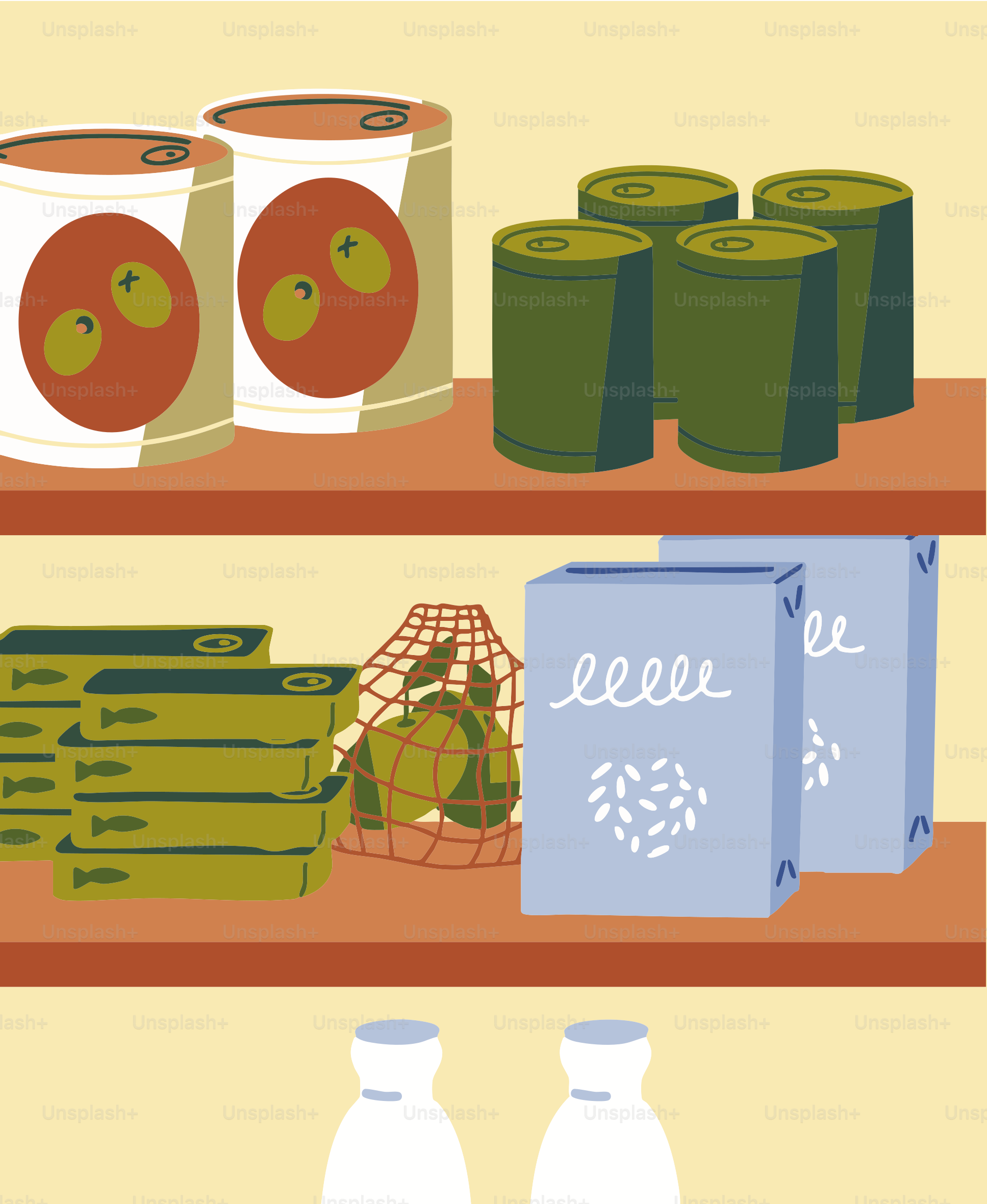 Estantería del supermercado con varios alimentos enlatados y en caja.