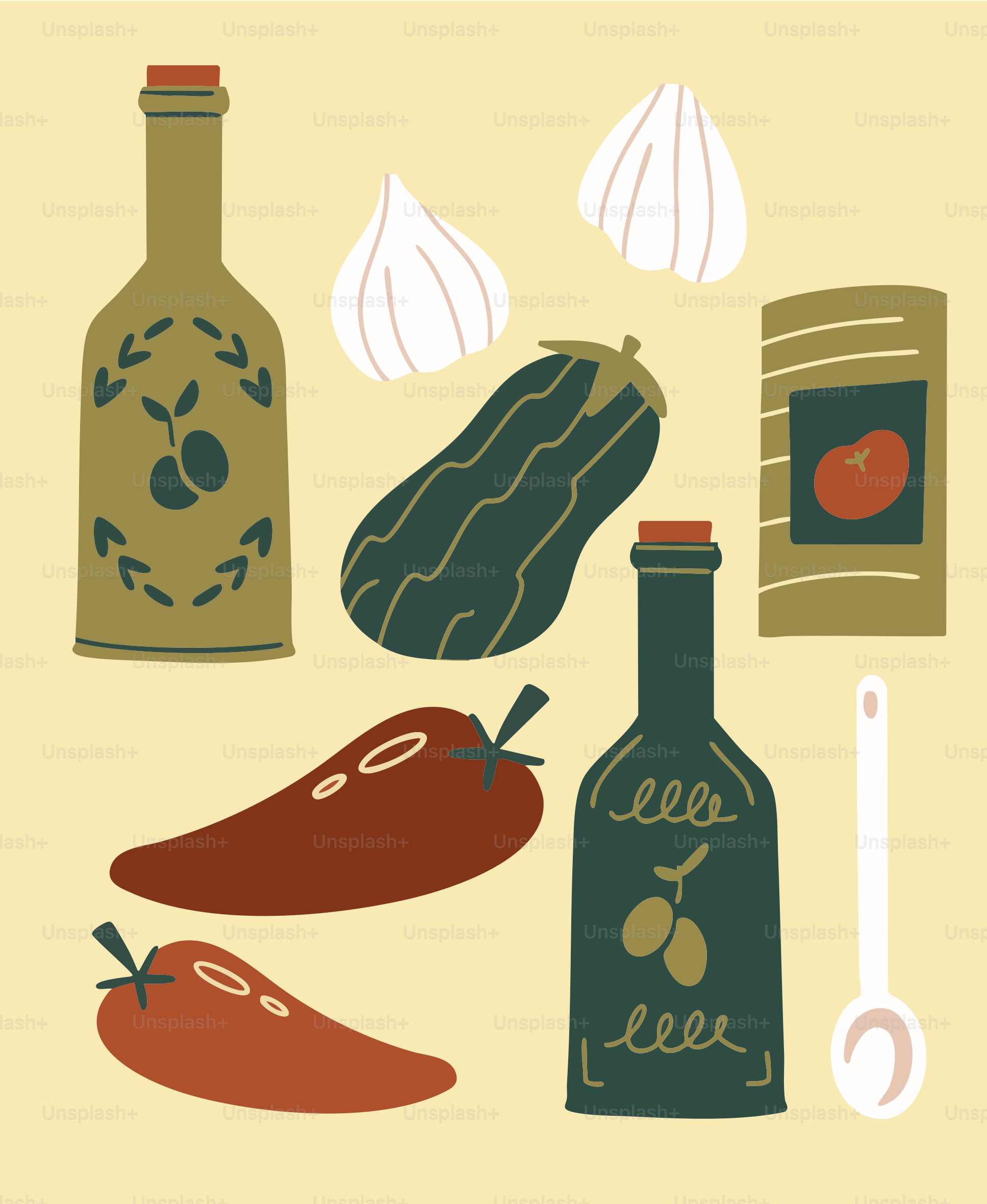 Food ingredients and oil bottles are illustrated.