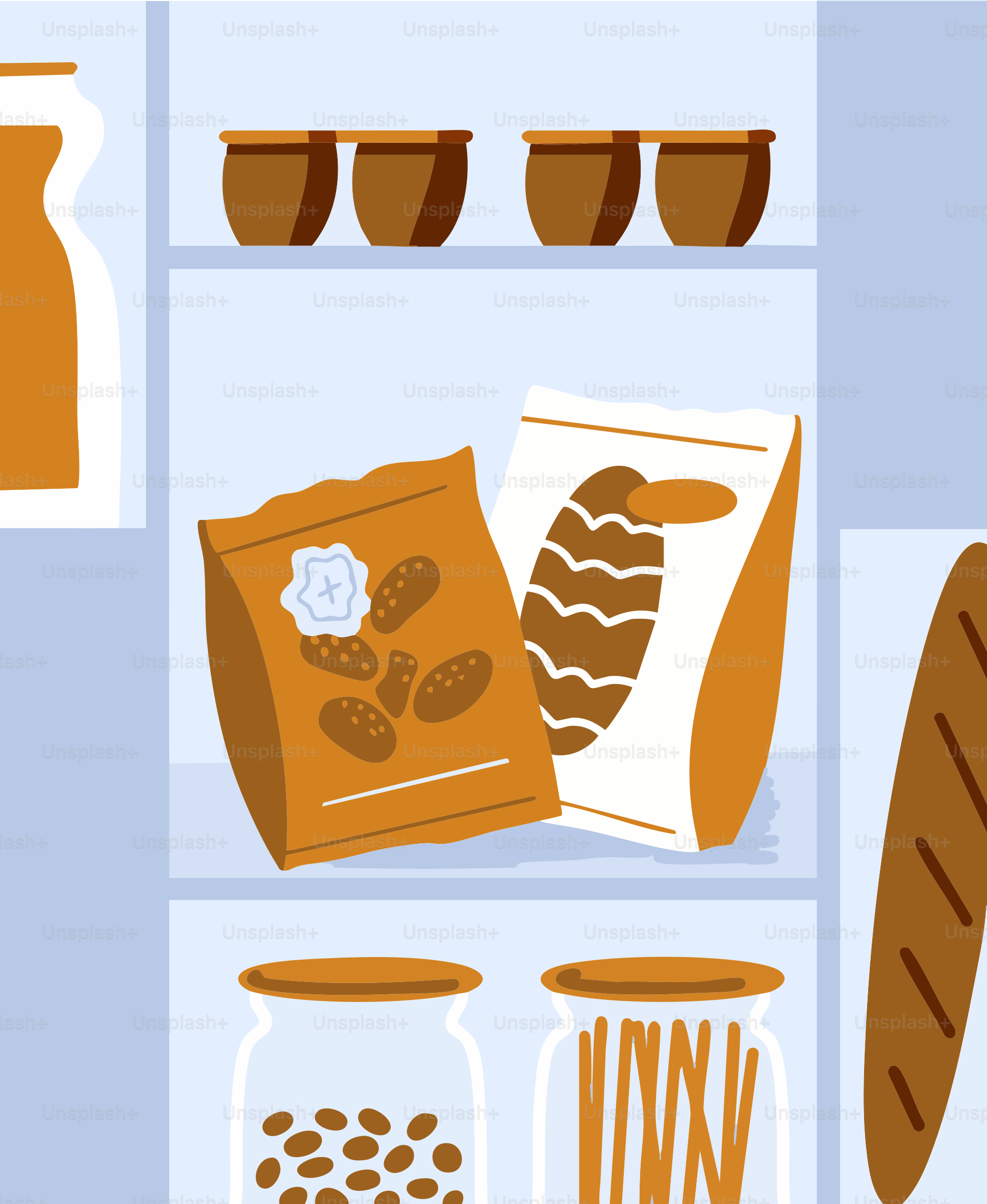 Pantry with groceries, grains, and jars.