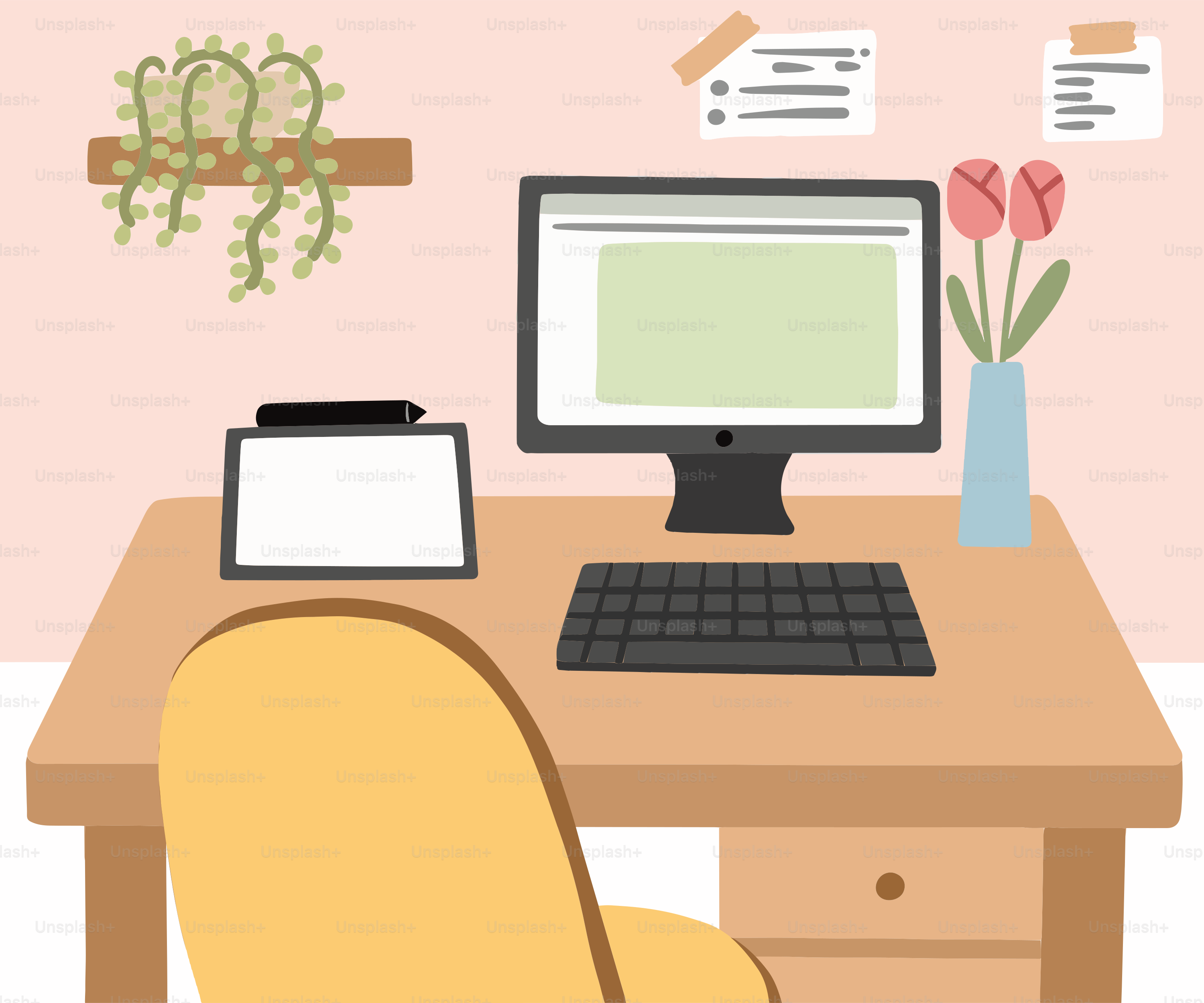 Gemütliches Homeoffice mit Computer und Blumen.