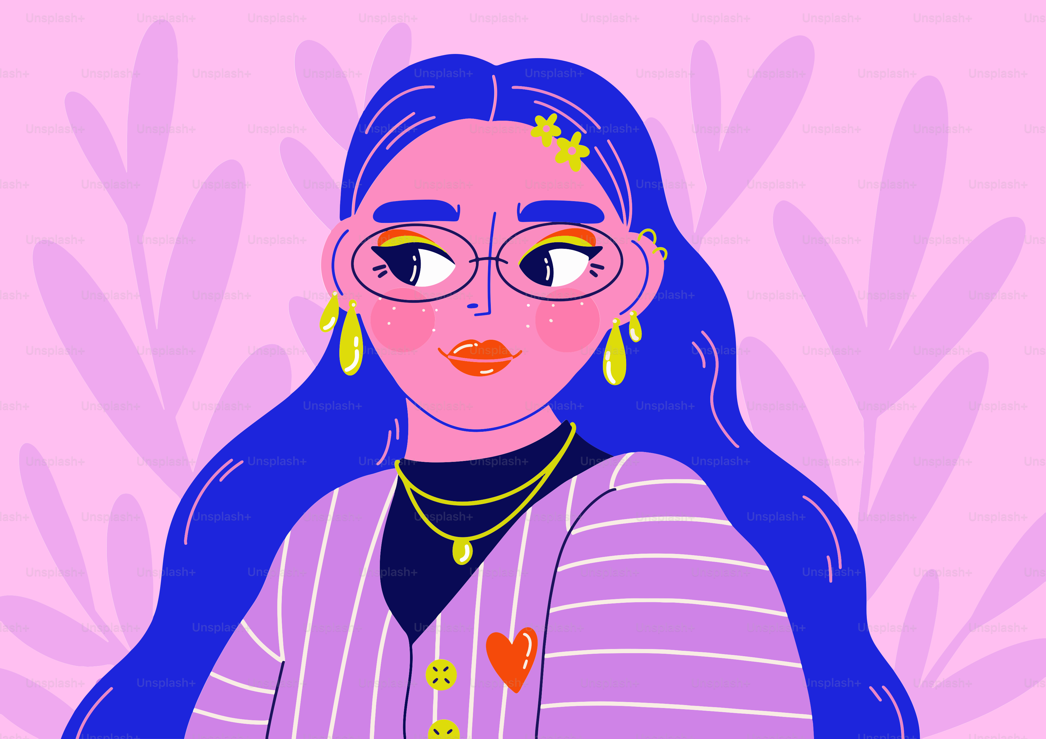 Ilustración artística de una mujer de pelo azul.