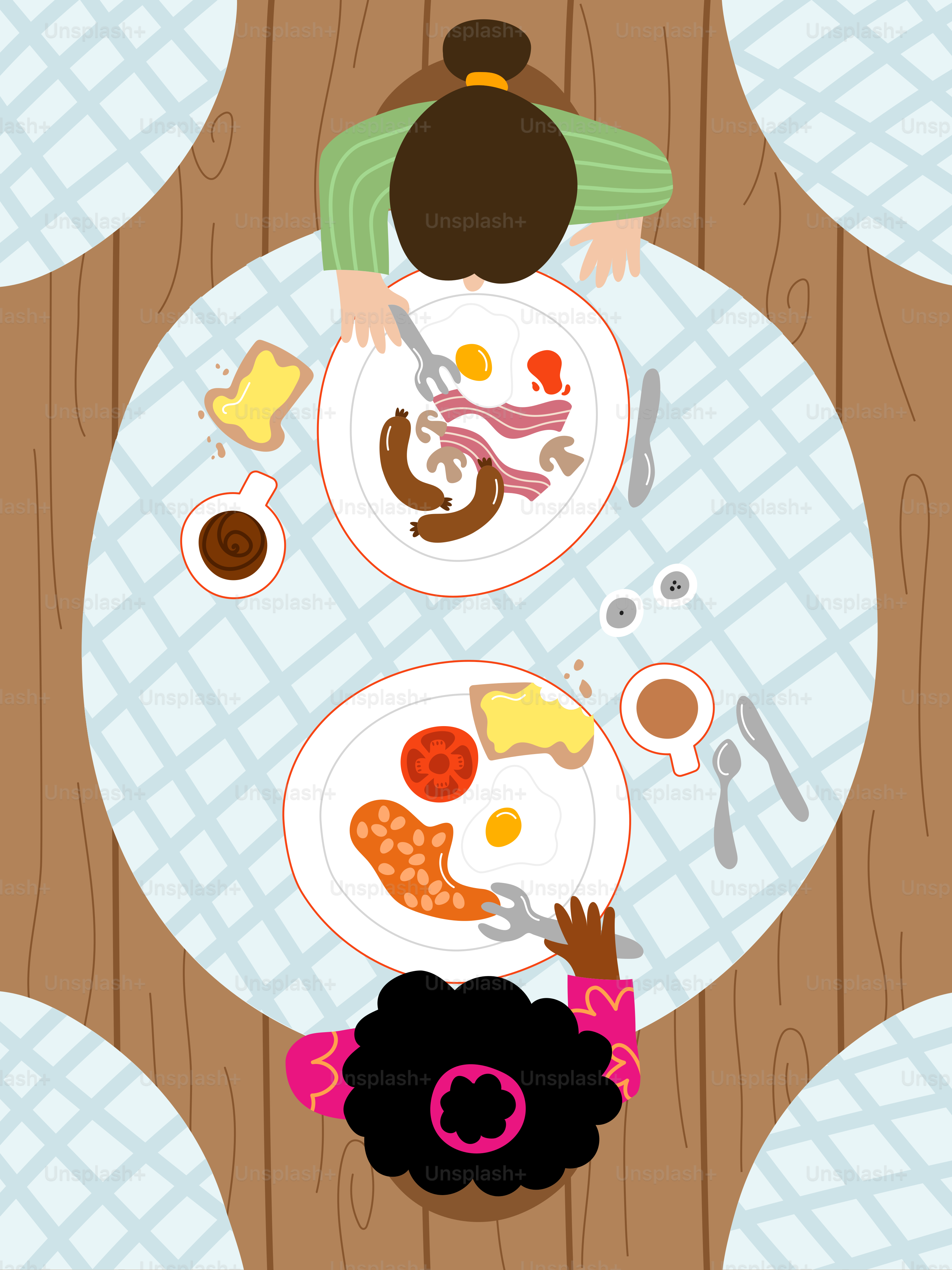 Two people are enjoying breakfast together at a table.