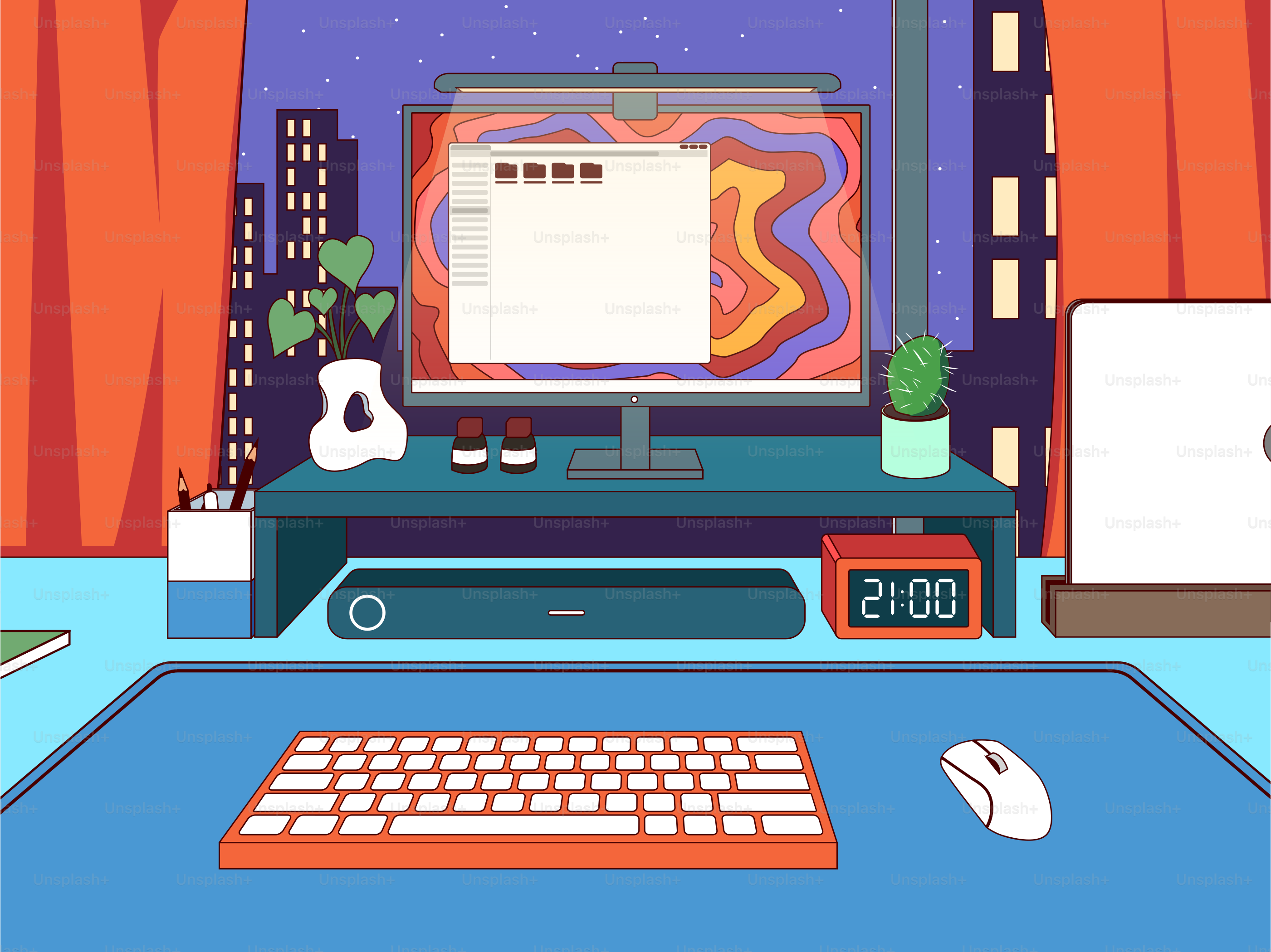 Un bureau chaleureux et coloré avec vue sur la ville.