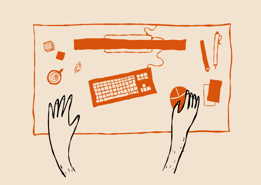 Die Hände sind auf dem Schreibtisch und bedienen einen Computer.