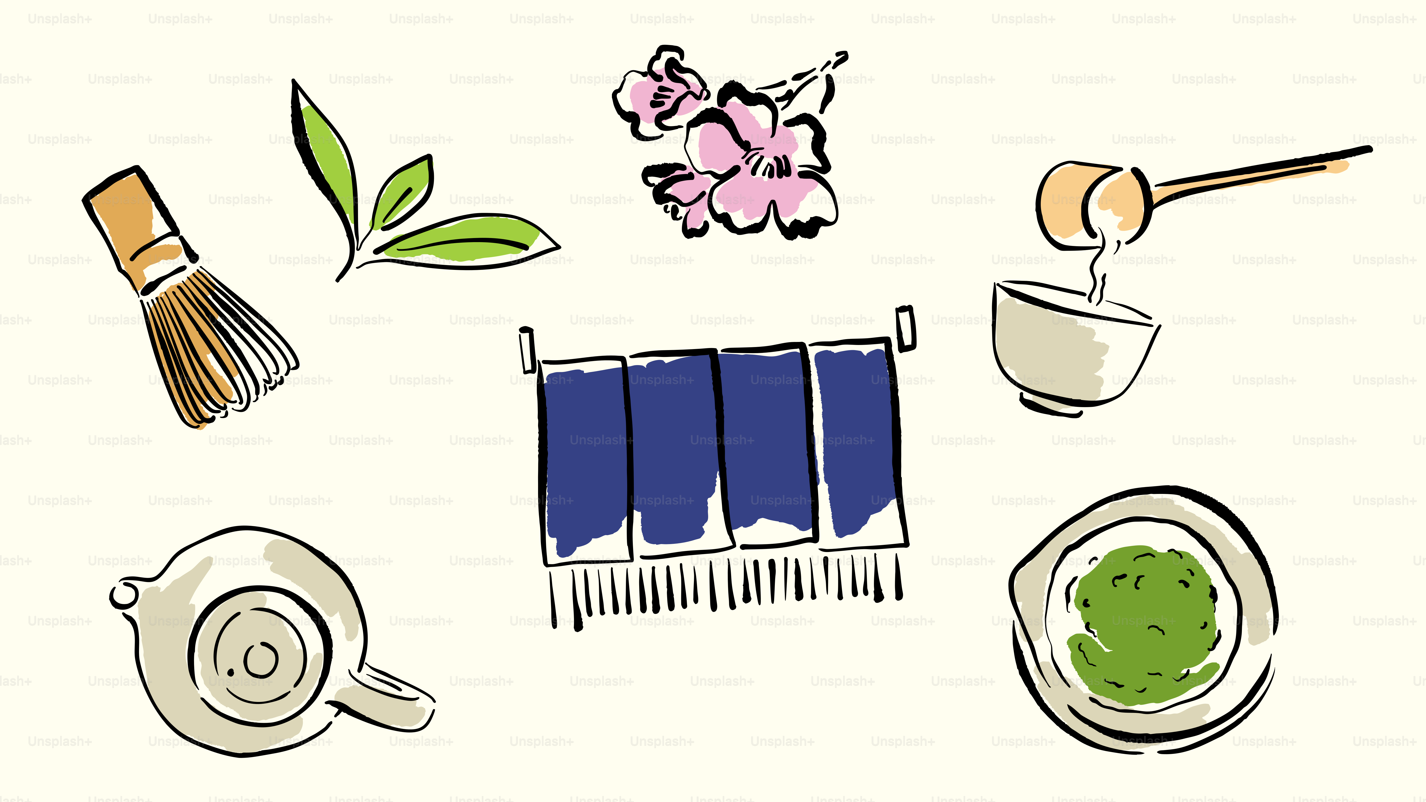 Tea ceremony items and ingredients are depicted.