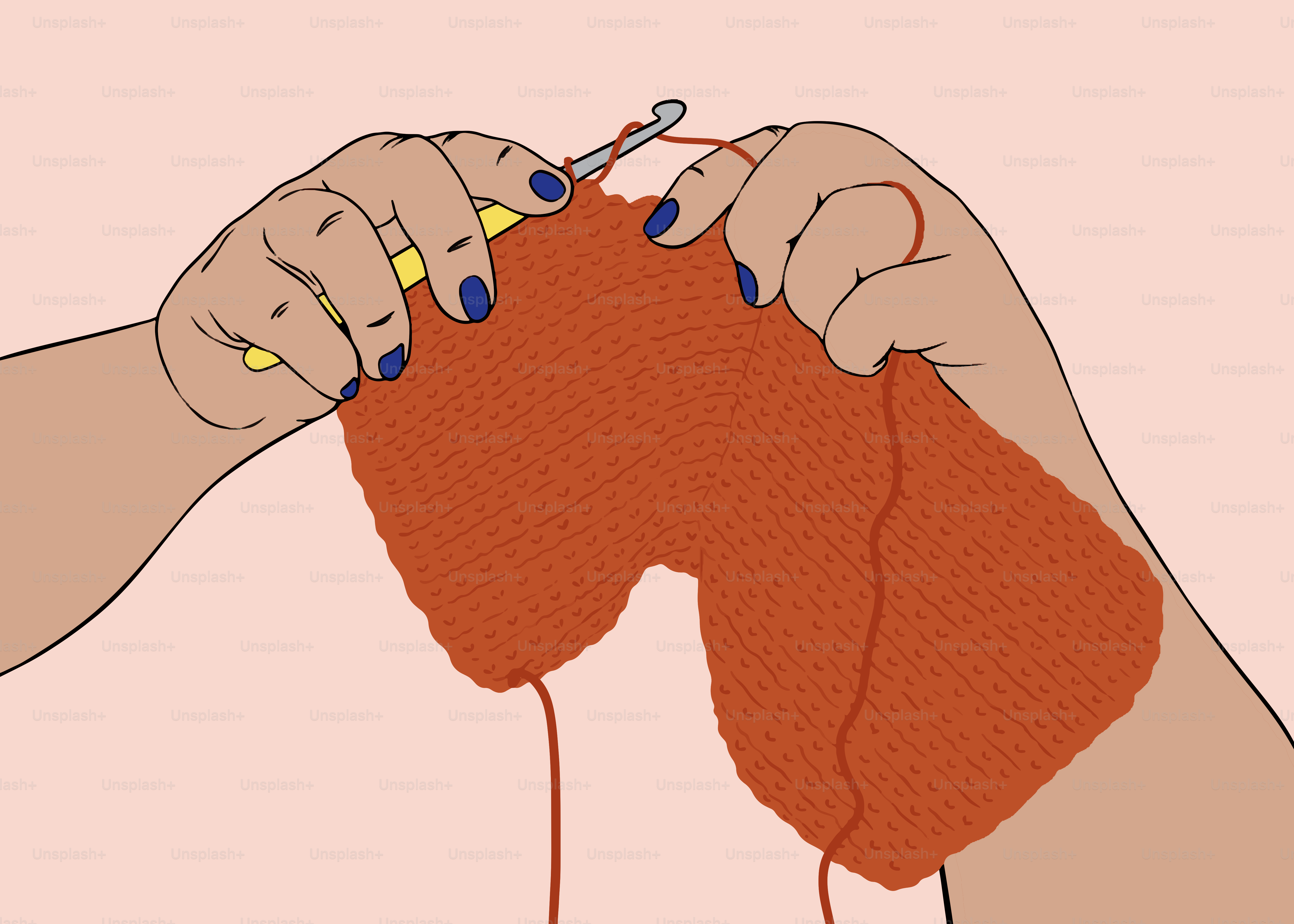 Hands are crocheting a burnt orange fabric.