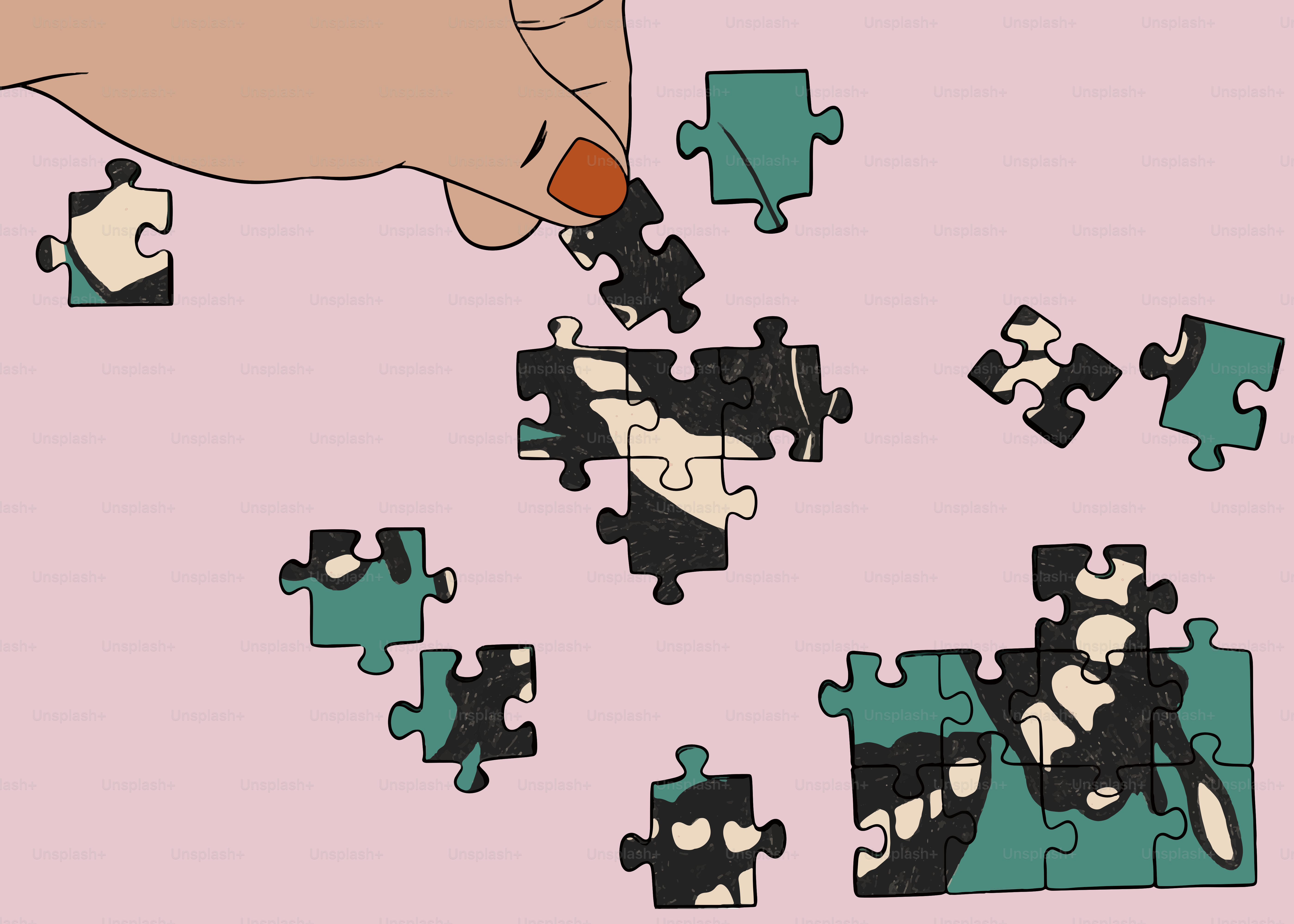 A hand completes a puzzle with different pieces.