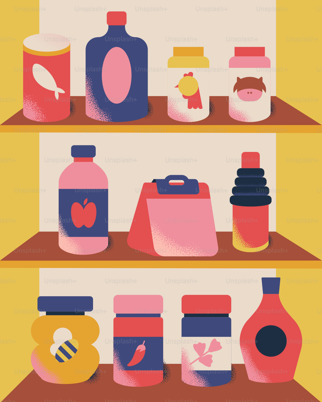 Shelves are filled with various food containers.