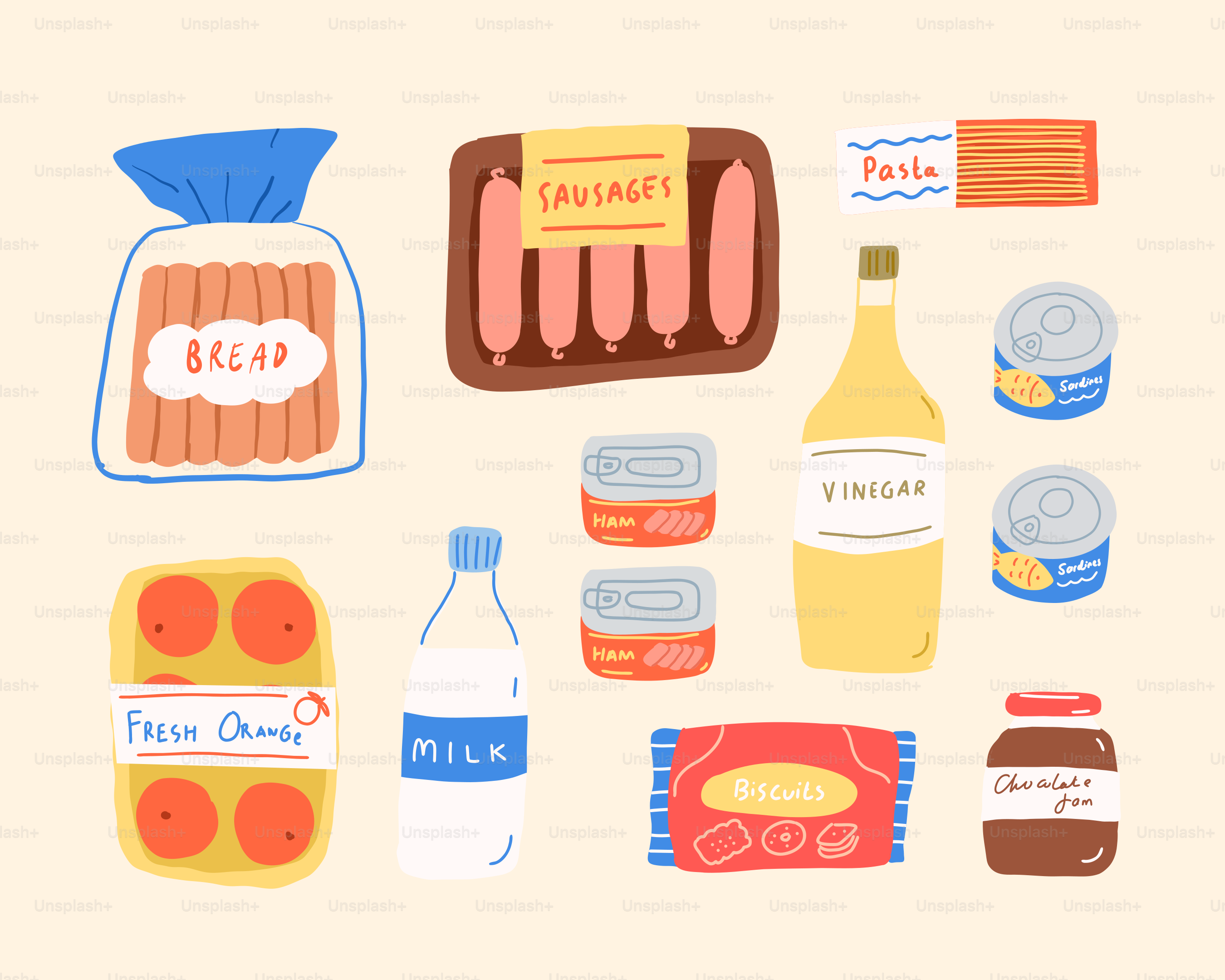 Grocery store food and supplies are depicted.