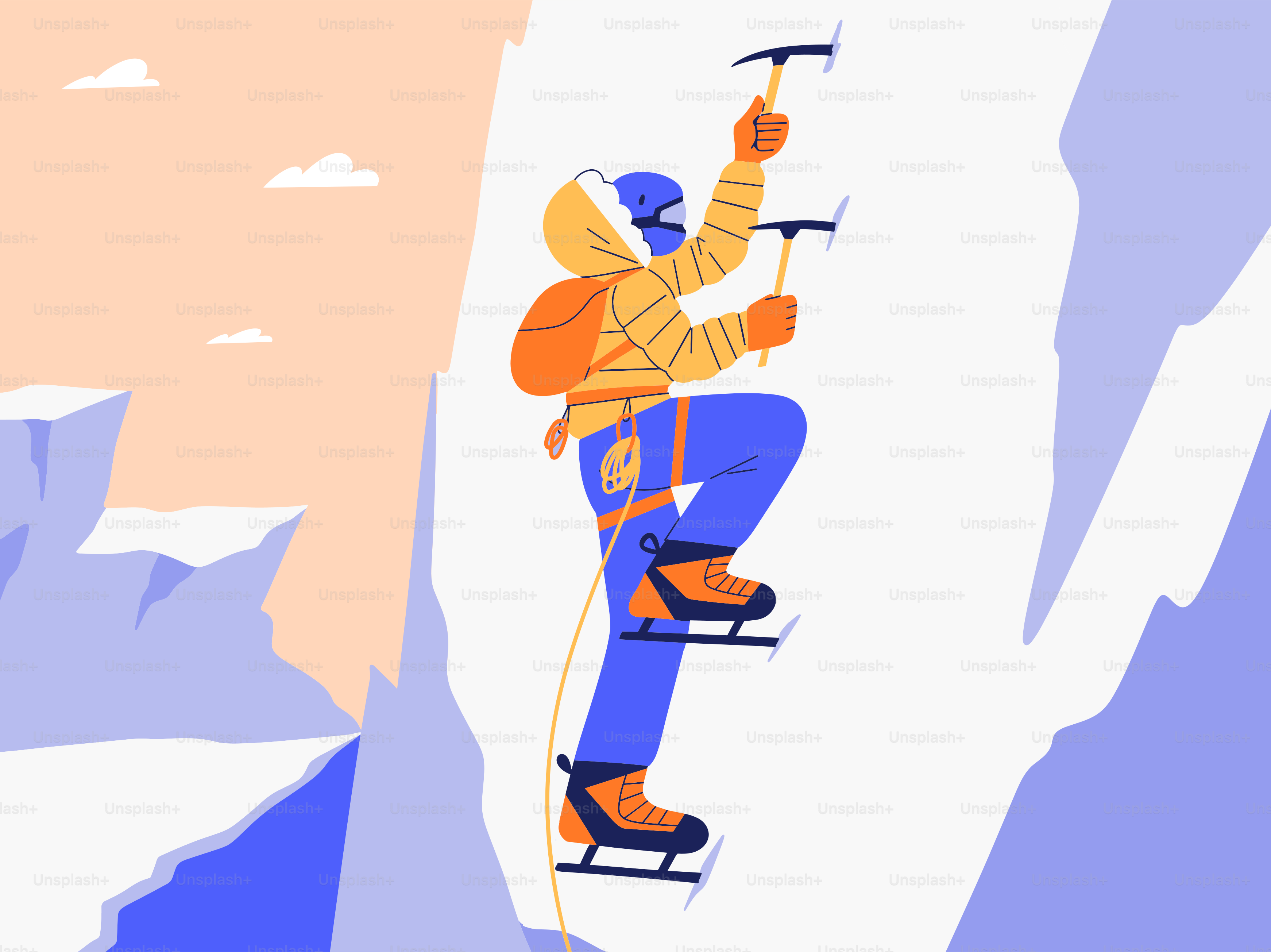 Climber ascends icy mountain using gear.