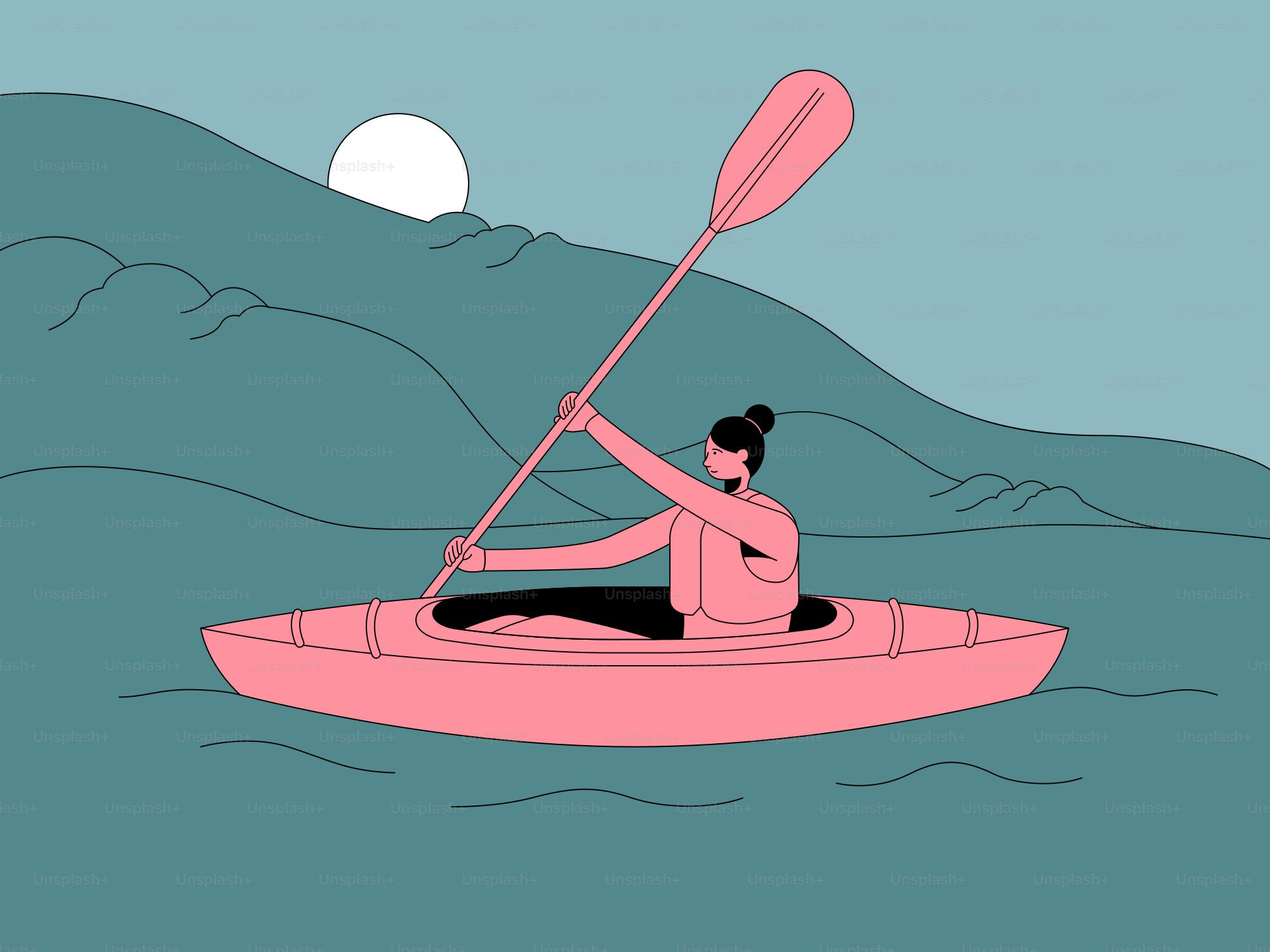 Frau, die bei Sonnenuntergang auf dem Wasser Kajak fährt.