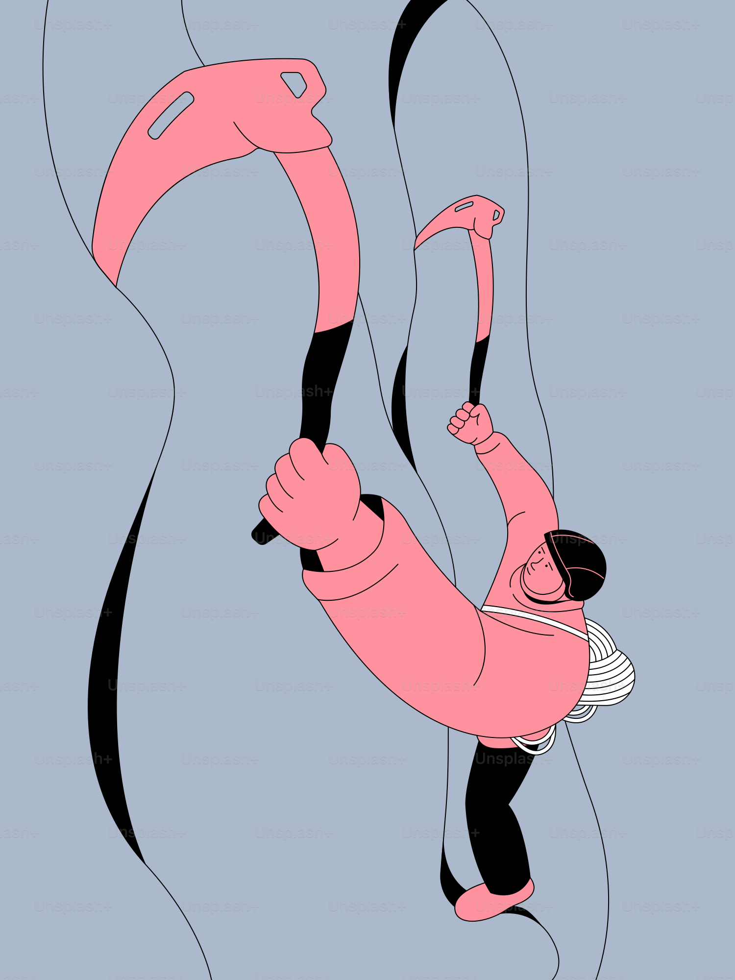 A person ice climbing with tools on a wall.