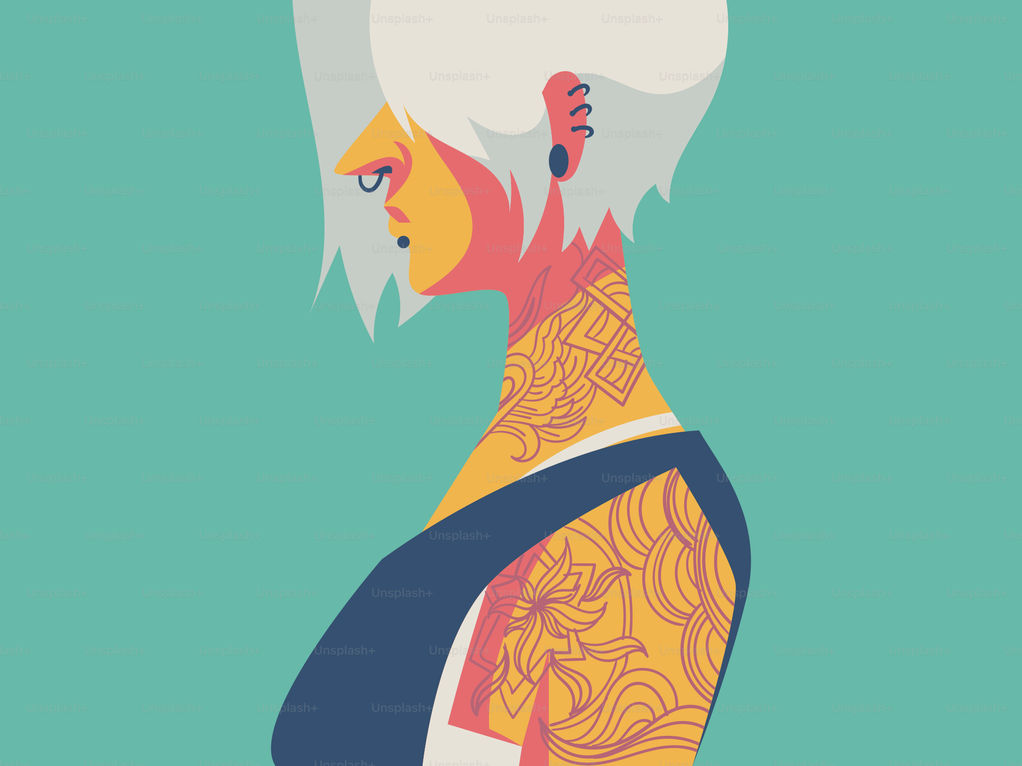 Tattooed woman with white hair, side view.