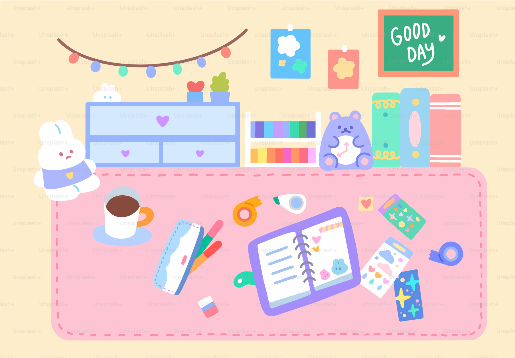 Ein niedliches und farbenfrohes Schreibtisch-Setup mit Kawaii-Elementen.