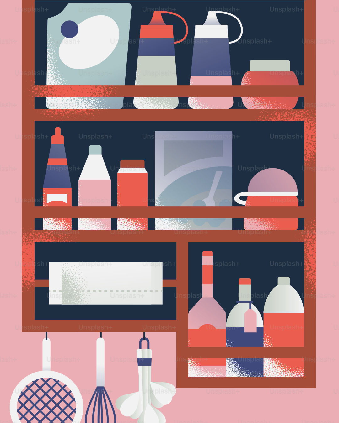 Kitchen spices and tools are neatly organized.