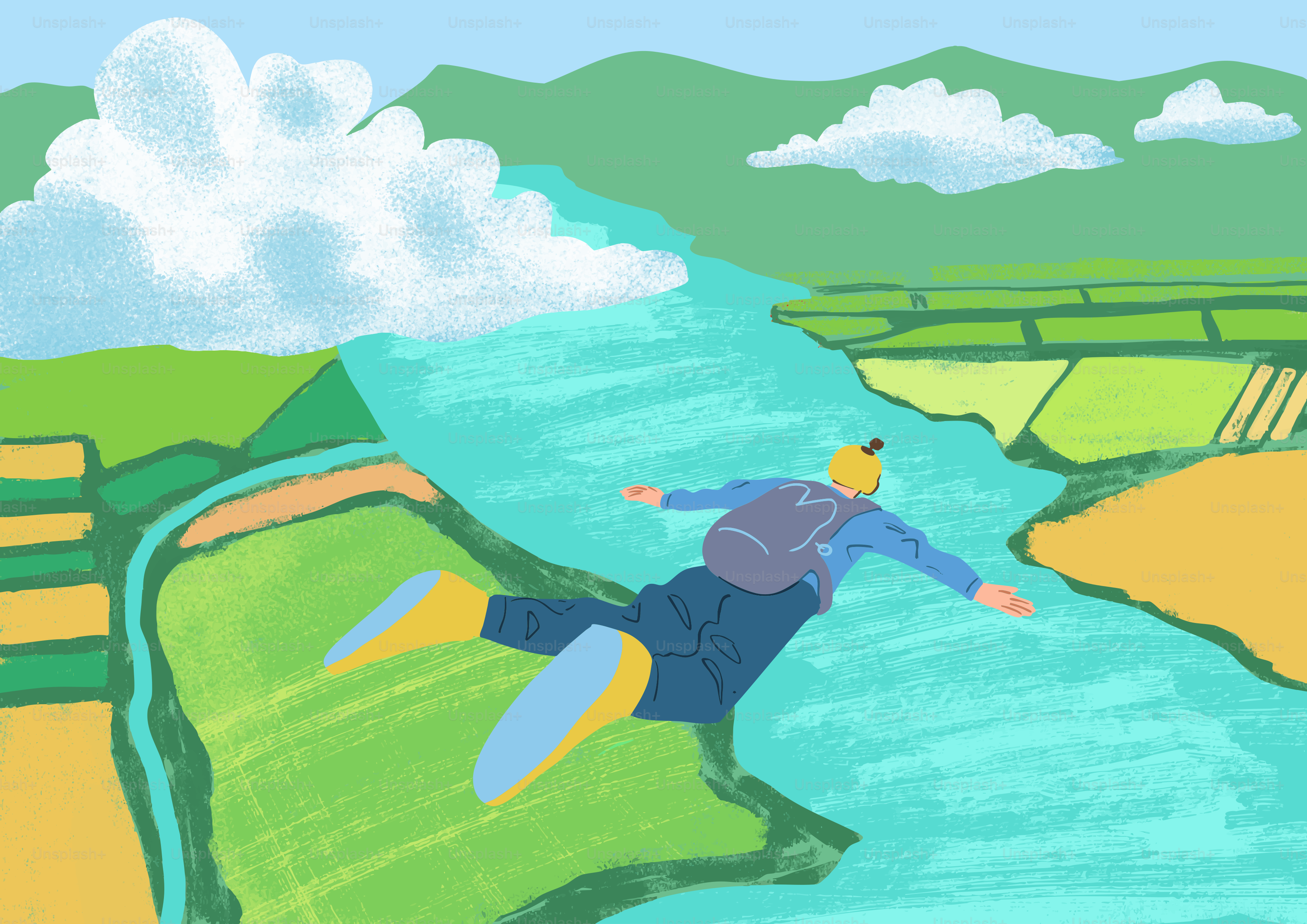 Person is skydiving over a scenic landscape.