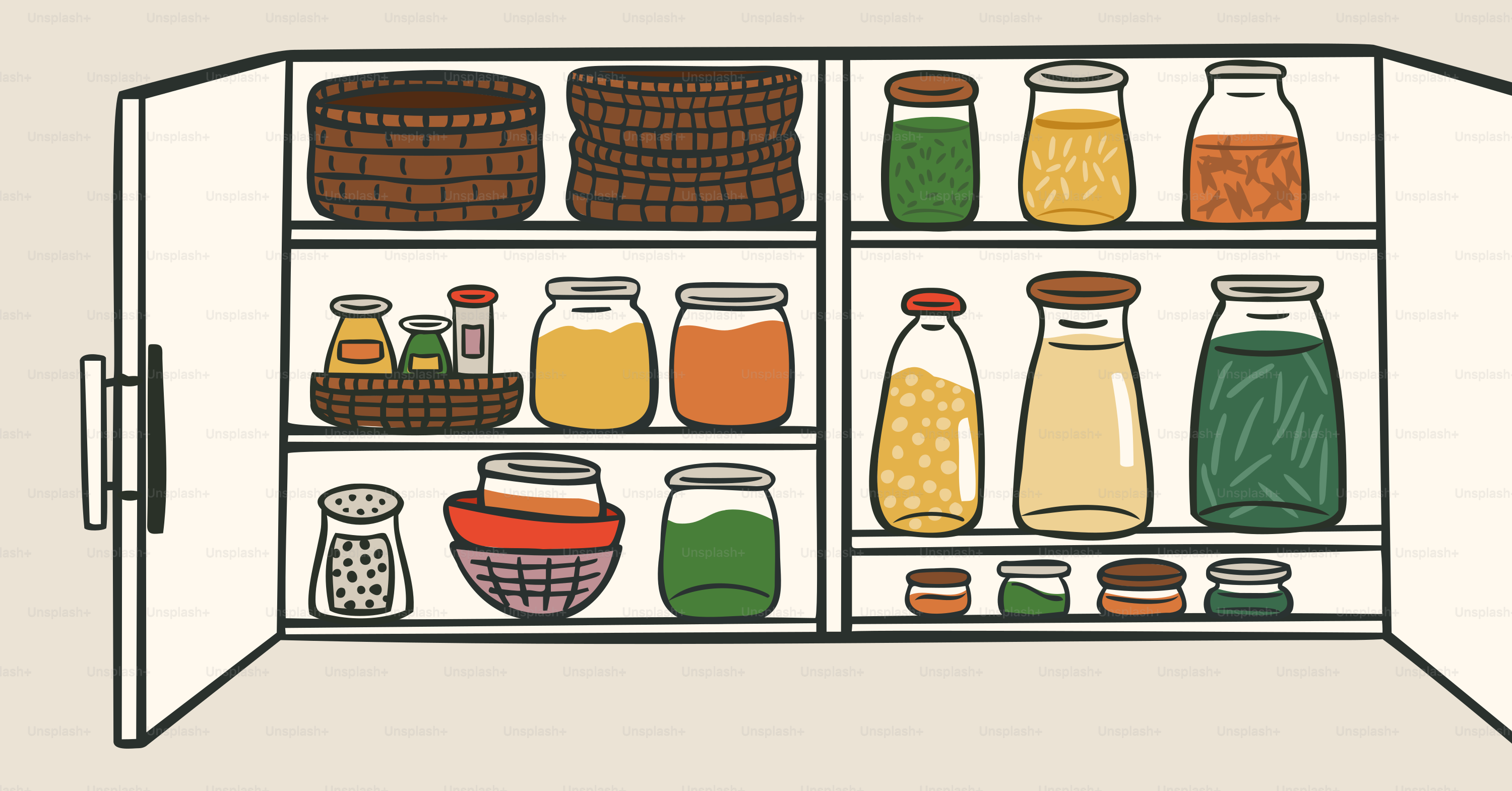 A well-stocked pantry with various jars and baskets.