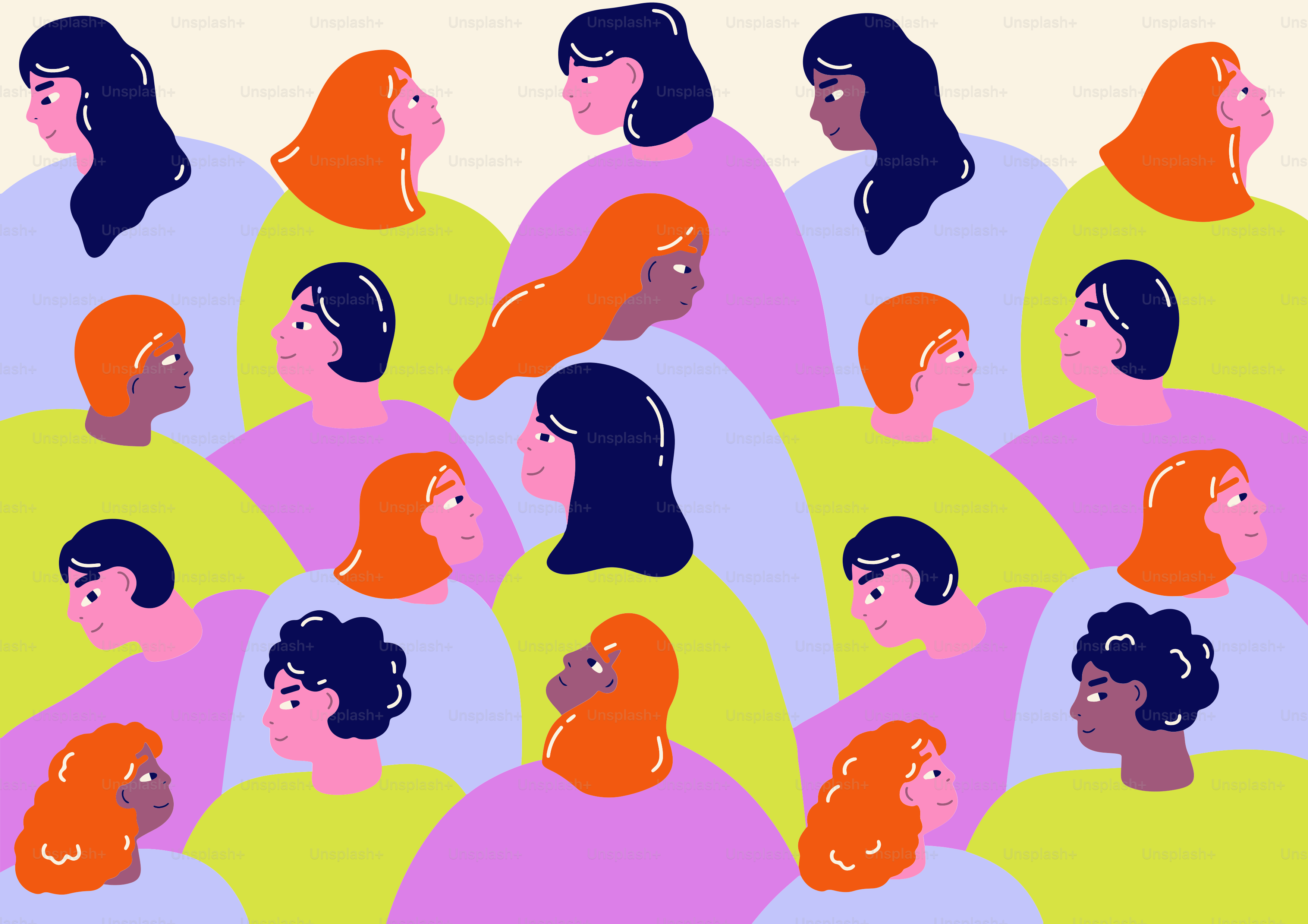 多様な女性たちがカラフルなイラストでまとめられています。