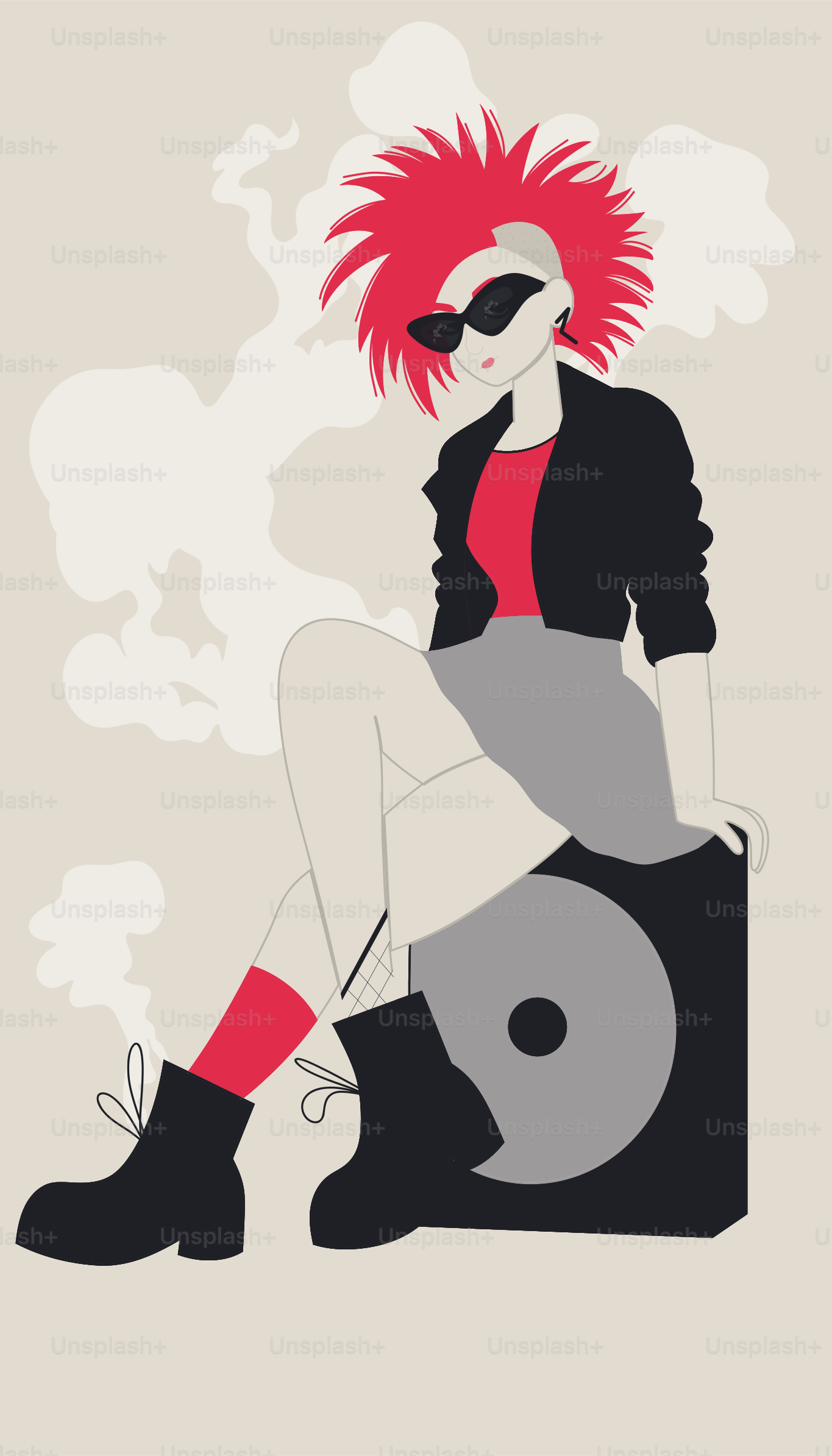 Un punk rocker posa su un altoparlante.