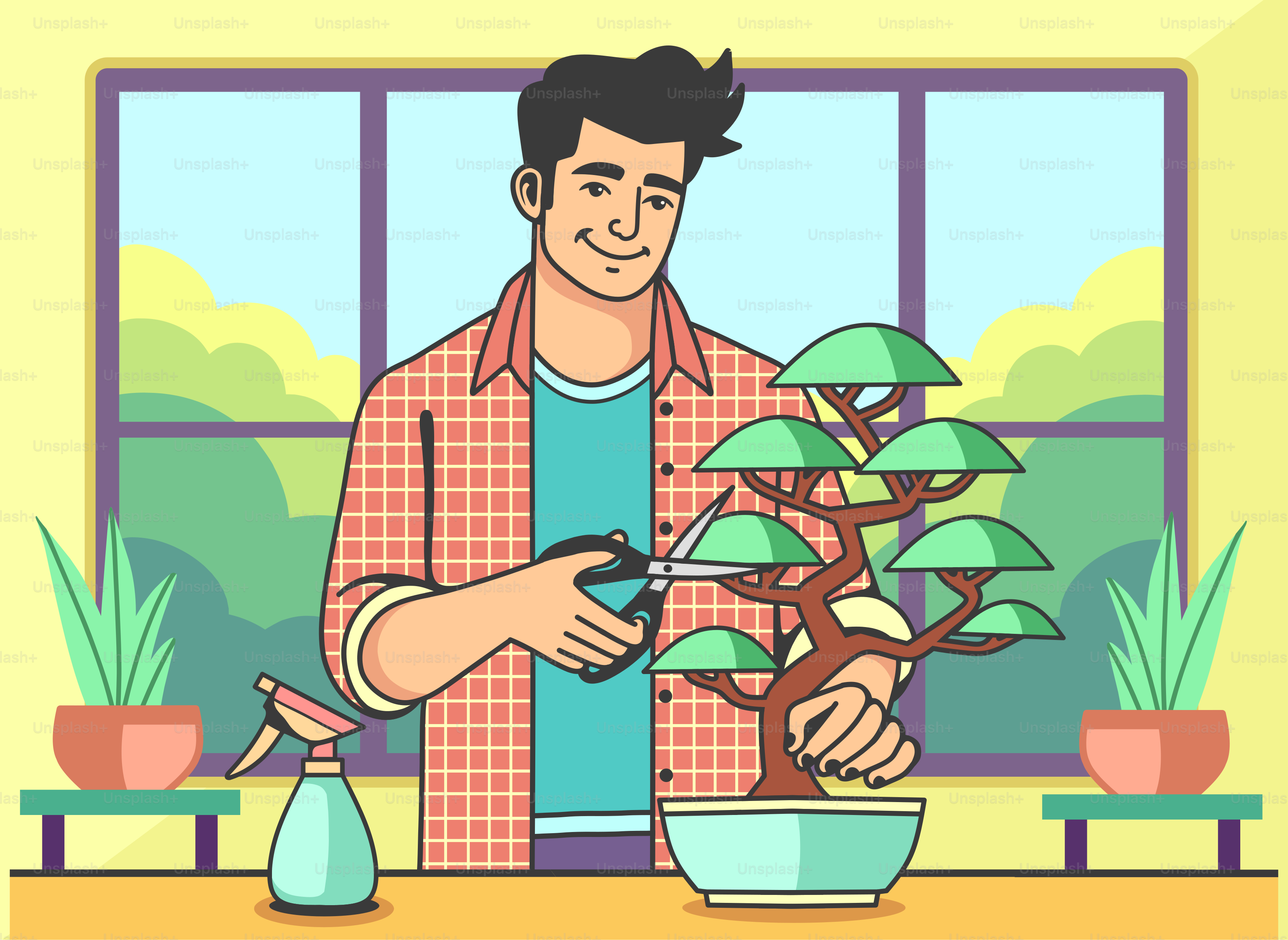 男は盆栽の木を剪定し、丁寧に手入れします。