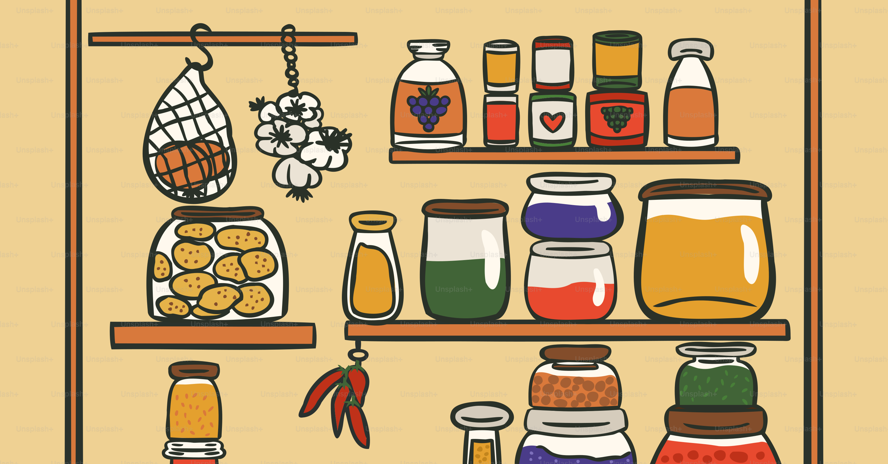Pantry shelves are full of homemade preserved foods.