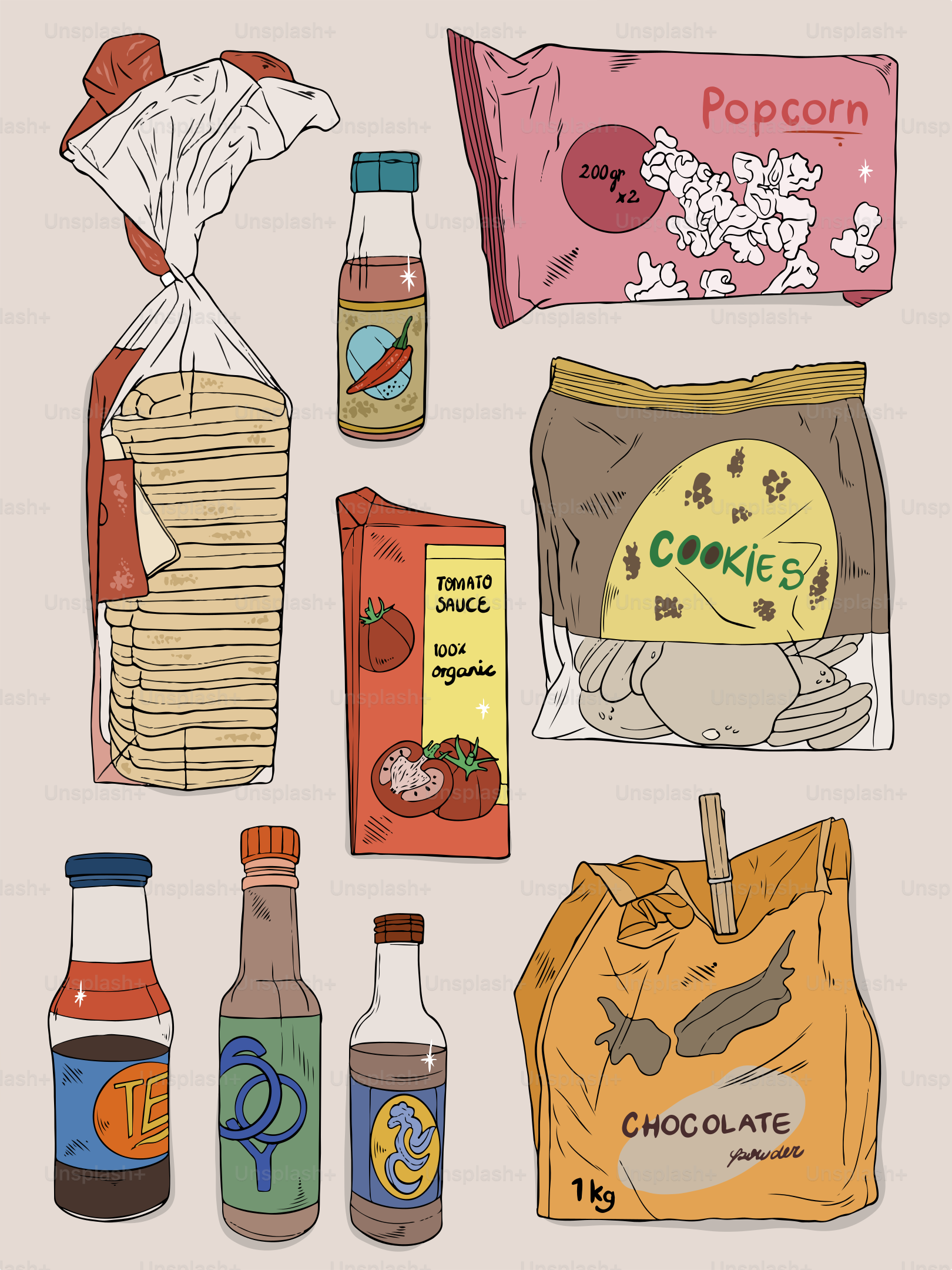 Se exhiben varios snacks y salsas envasados.