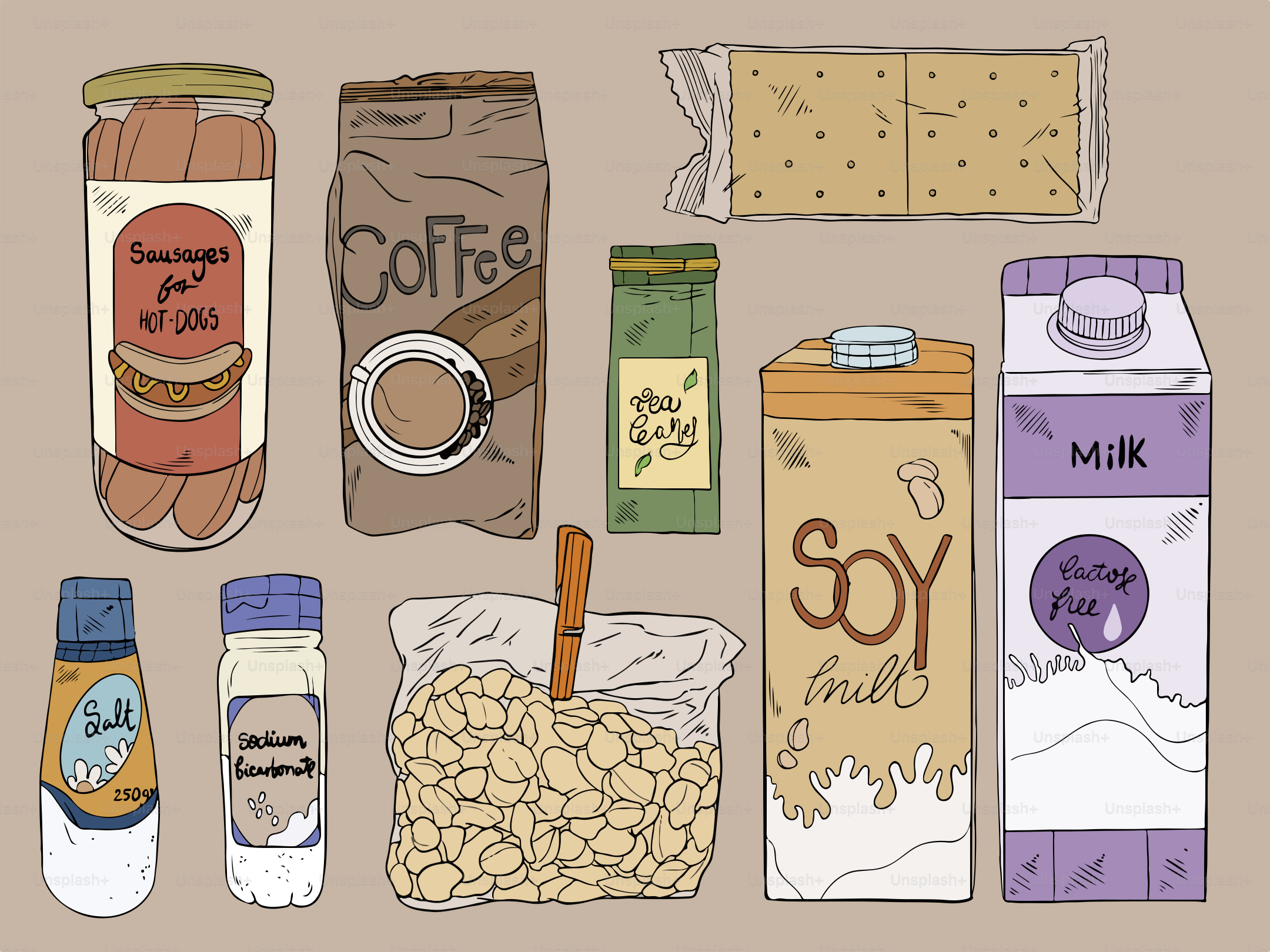 Berbagai makanan, termasuk acar, kopi, dan susu, ditampilkan.