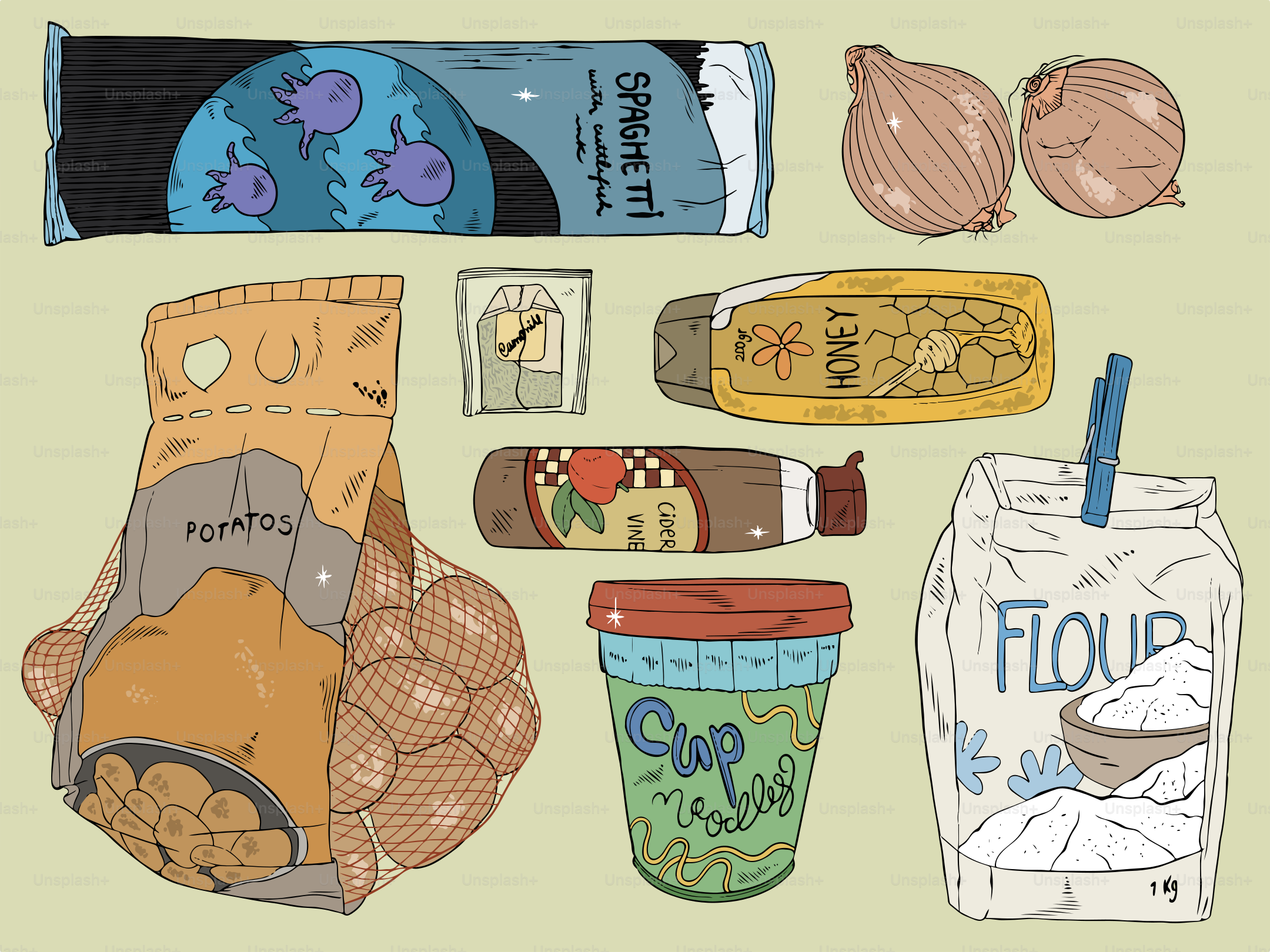 Various groceries including pasta, onions, and flour.