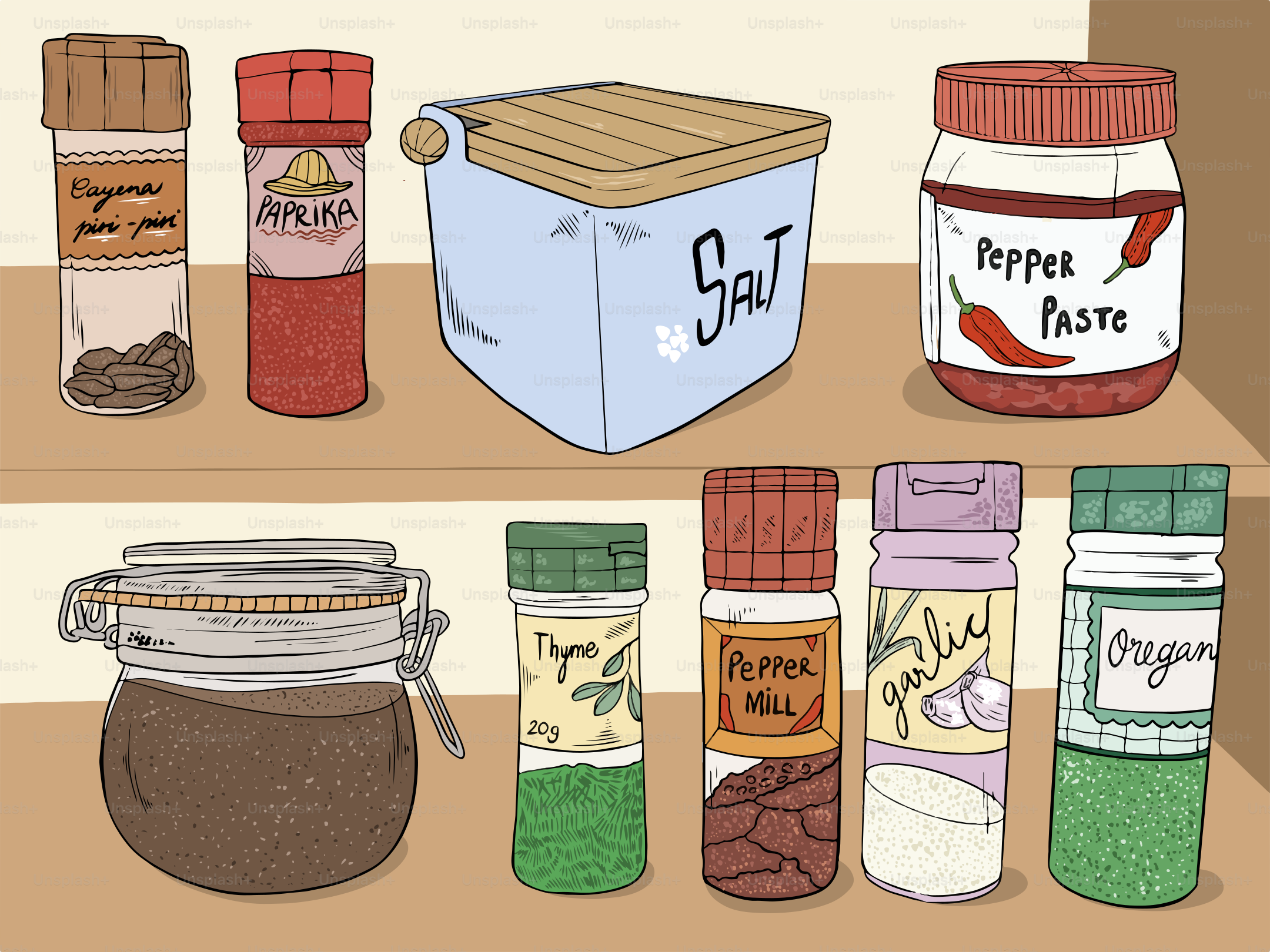 Spices, salt, and pepper are on a shelf.