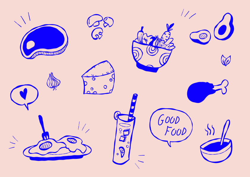 Various healthy foods are illustrated on a pink background.