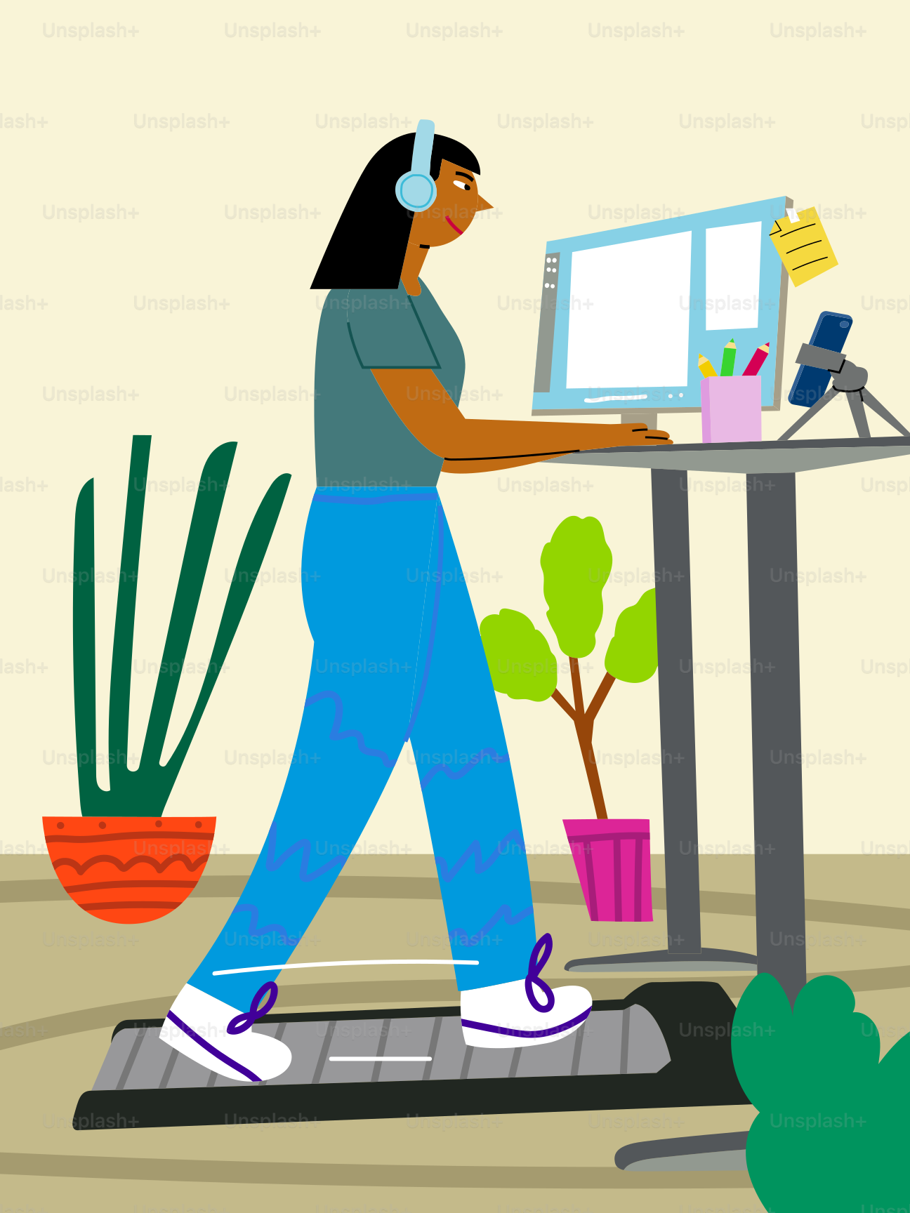 Woman works on computer while walking on treadmill.