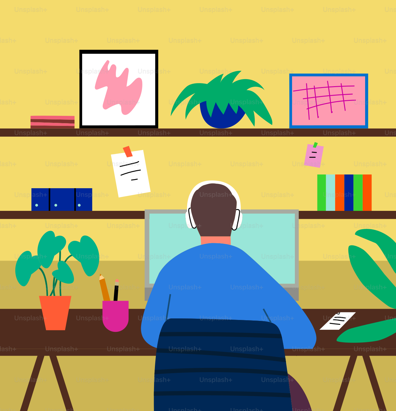 Person working remotely from a well-decorated home office.