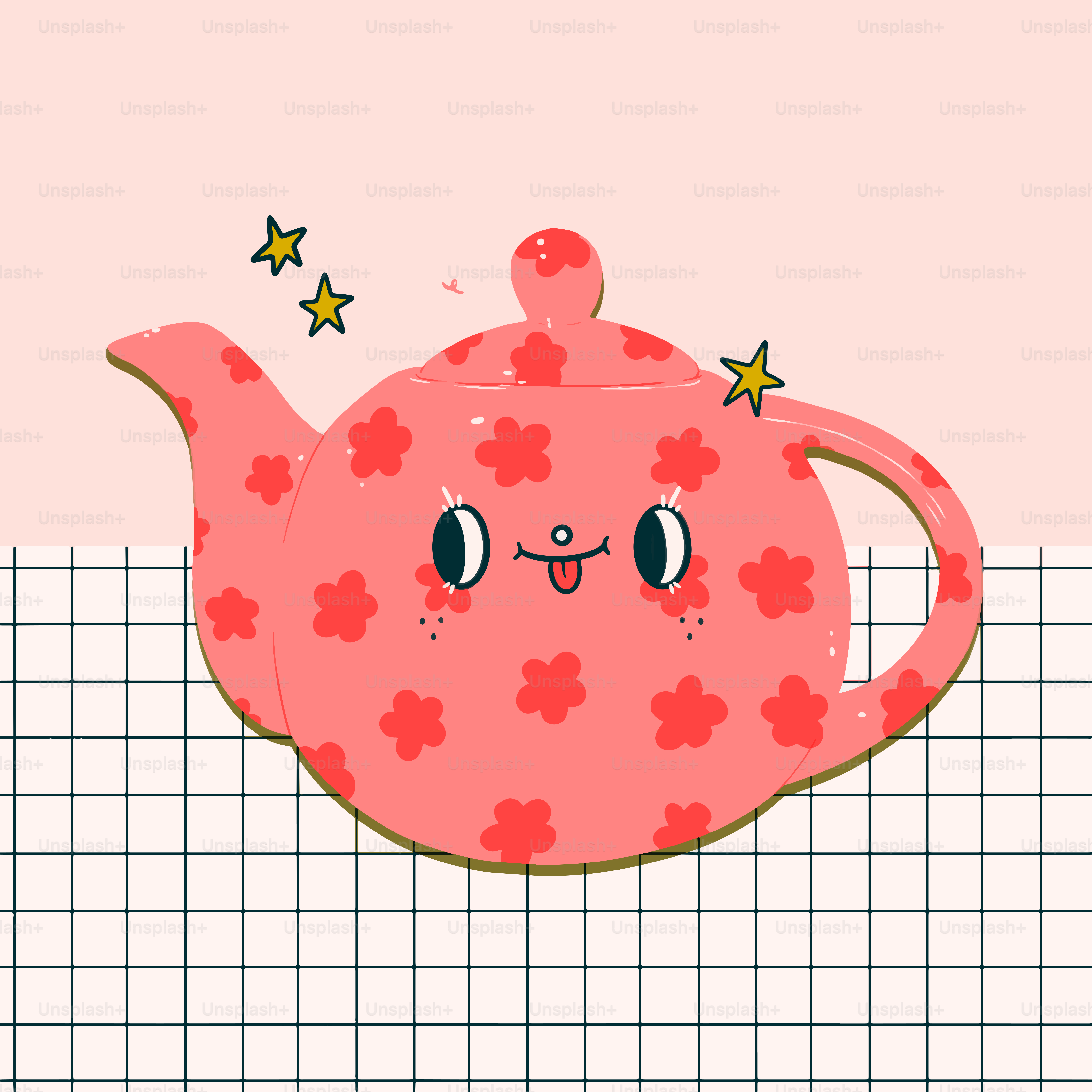A cute, pink teapot with a happy face.