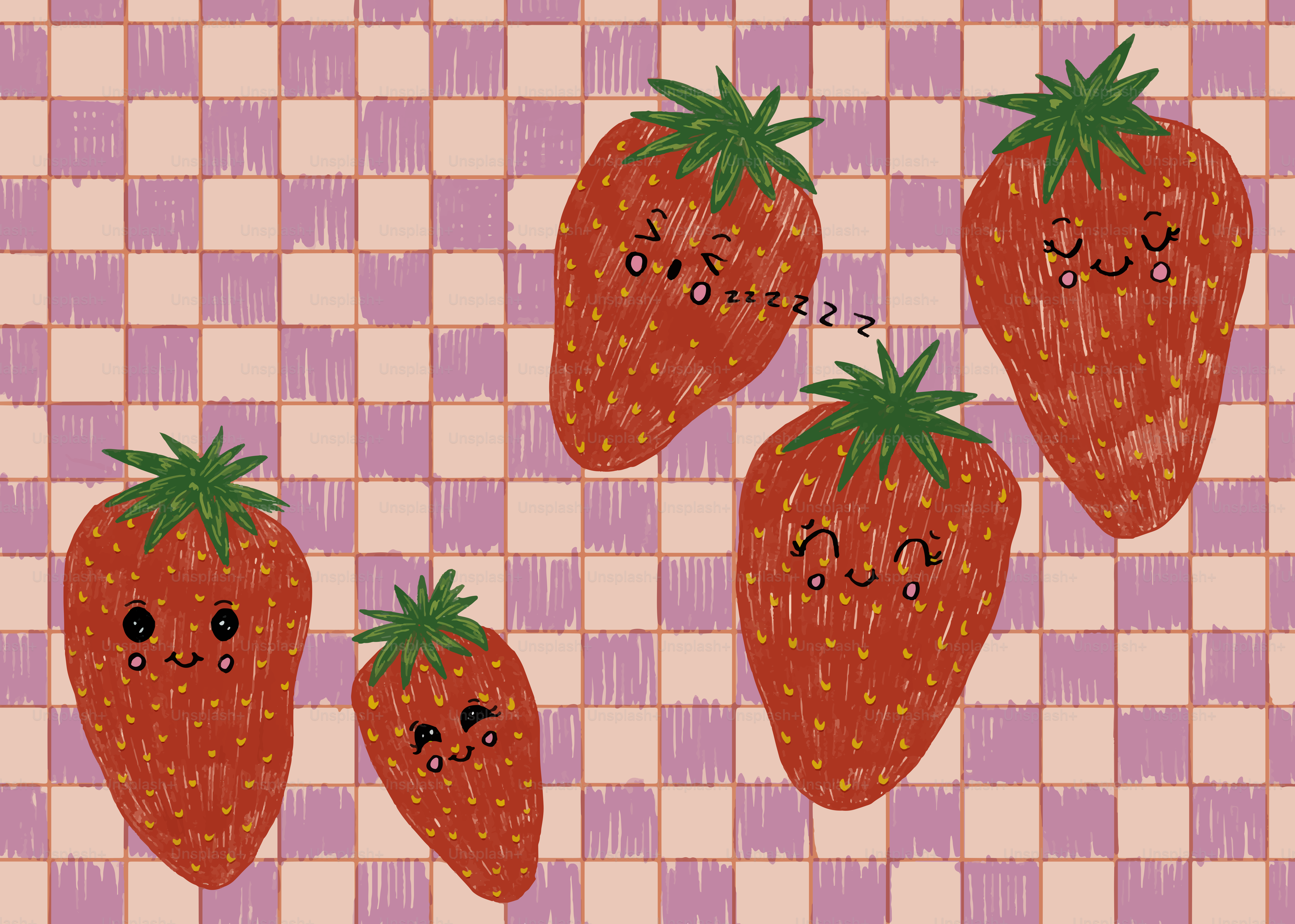 Cute strawberries with happy faces on checkered background.