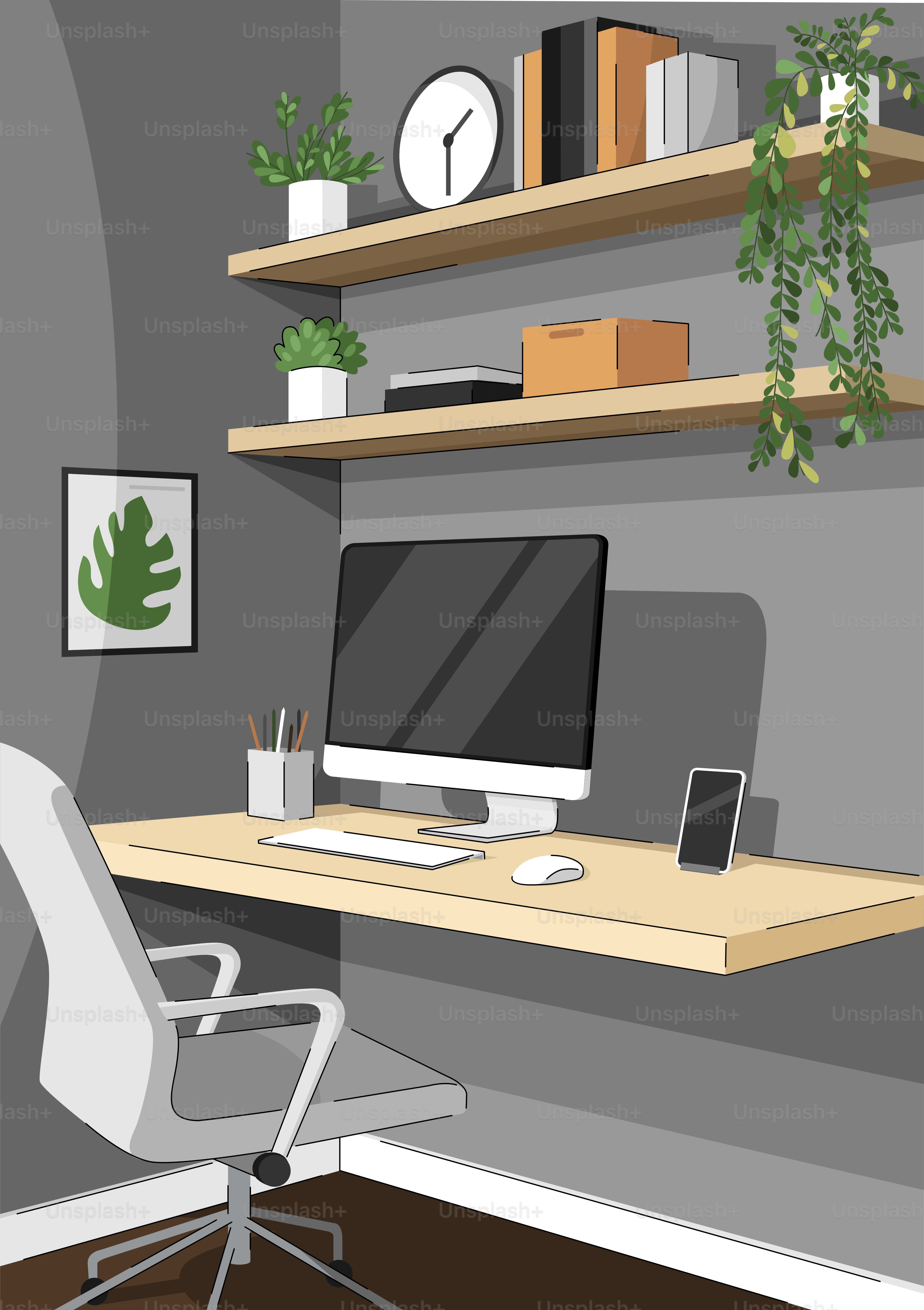 Un escritorio moderno de oficina en casa con ordenador y silla.