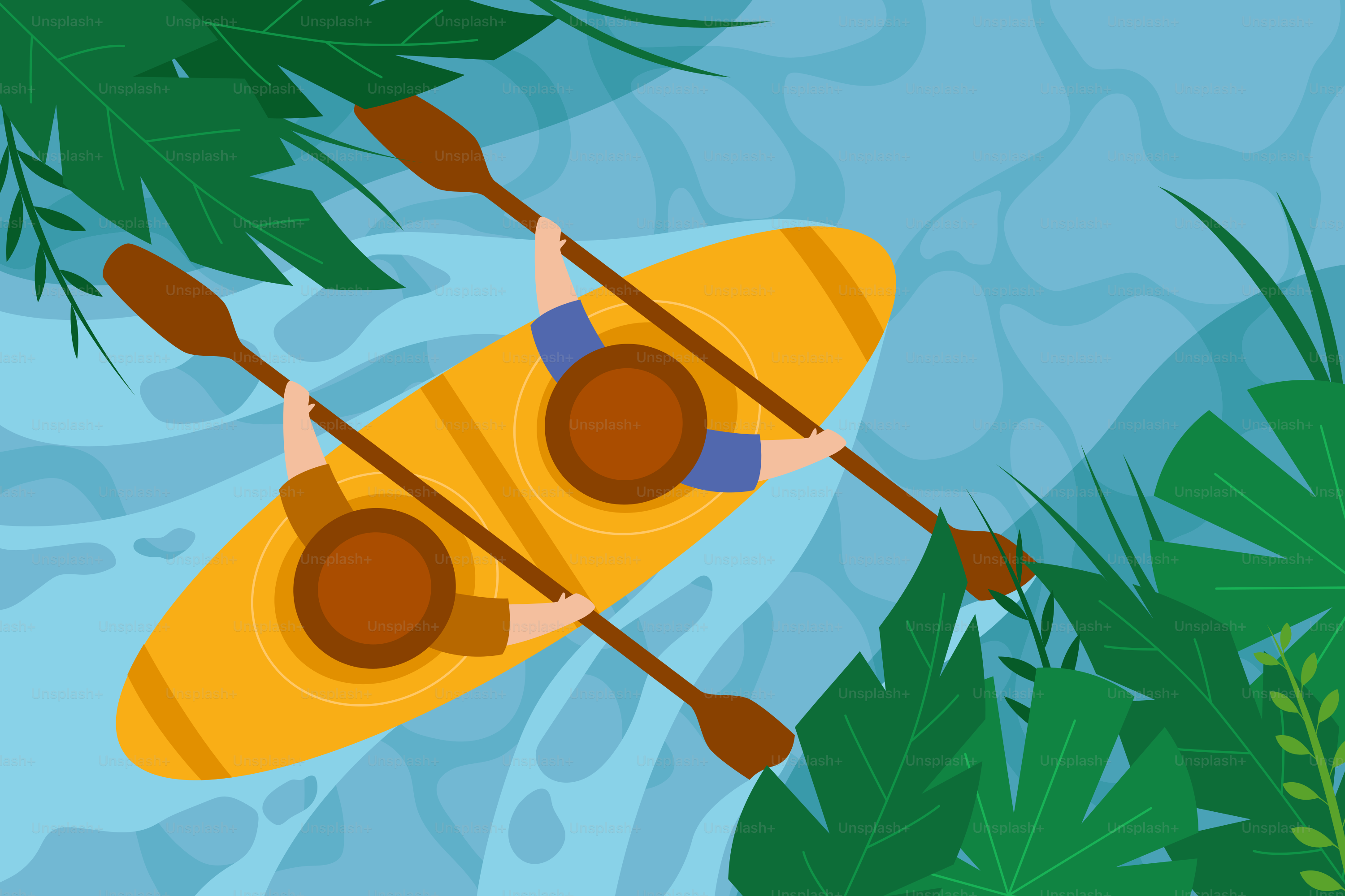 Zwei Personen fahren mit dem Kajak durch einen Dschungelfluss.