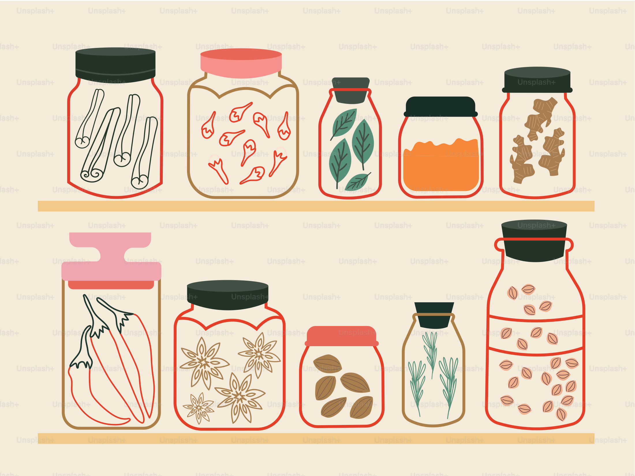 Various herbs and spices in glass jars on shelves.