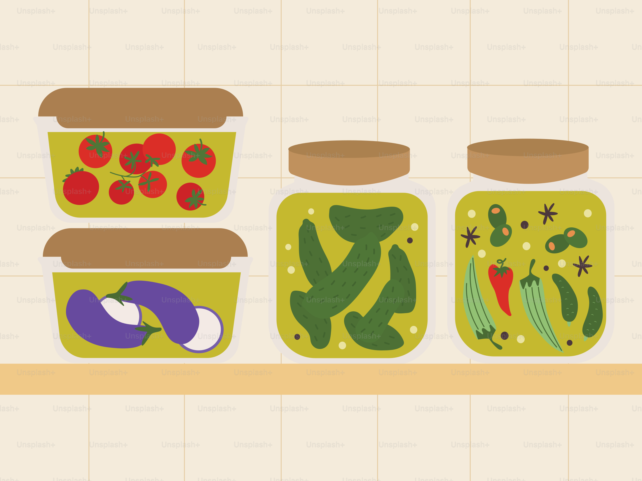 Pickles and preserved vegetables are stored on the shelf.