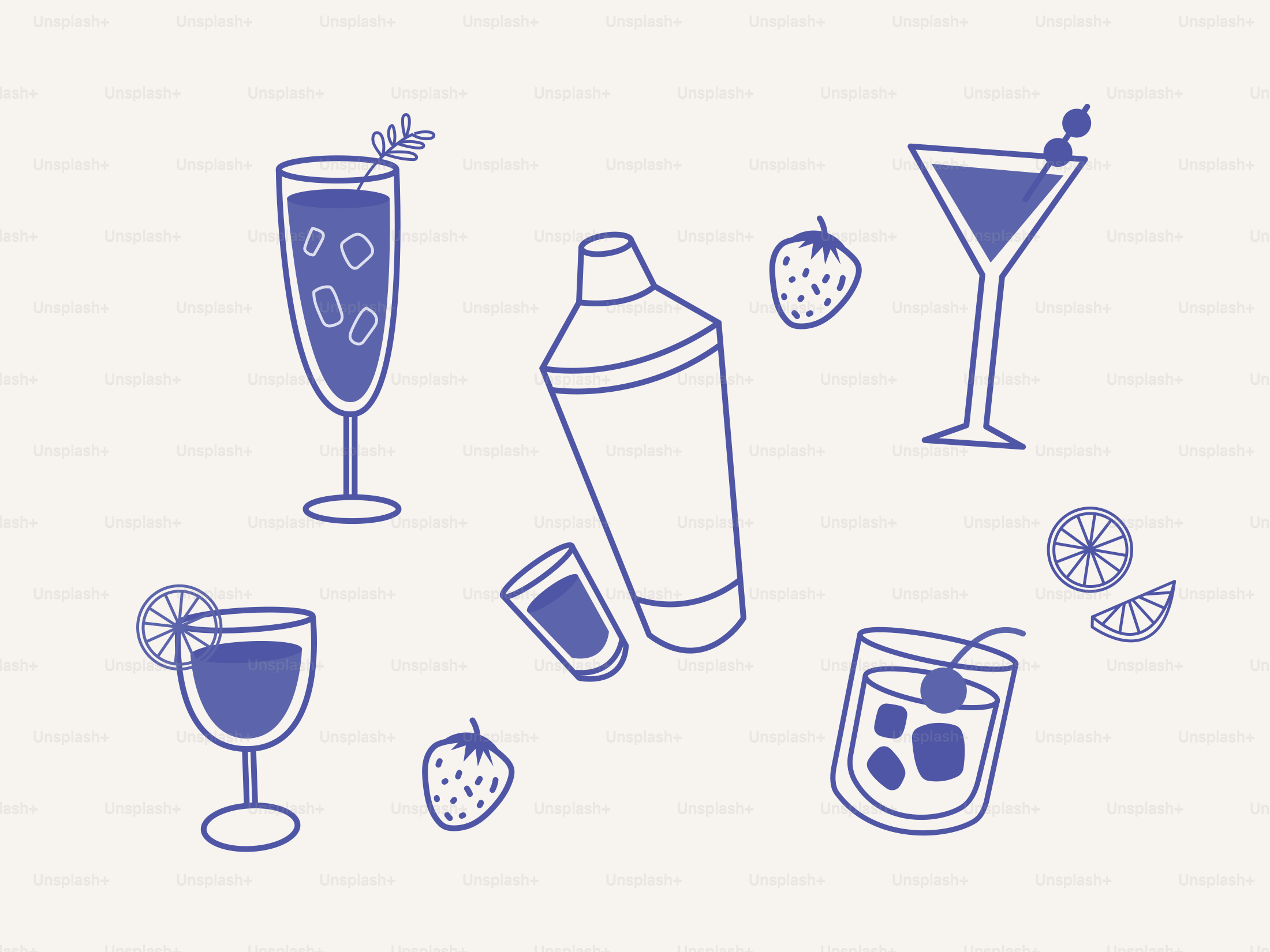 Cocktails, fruits, and a shaker are illustrated here.