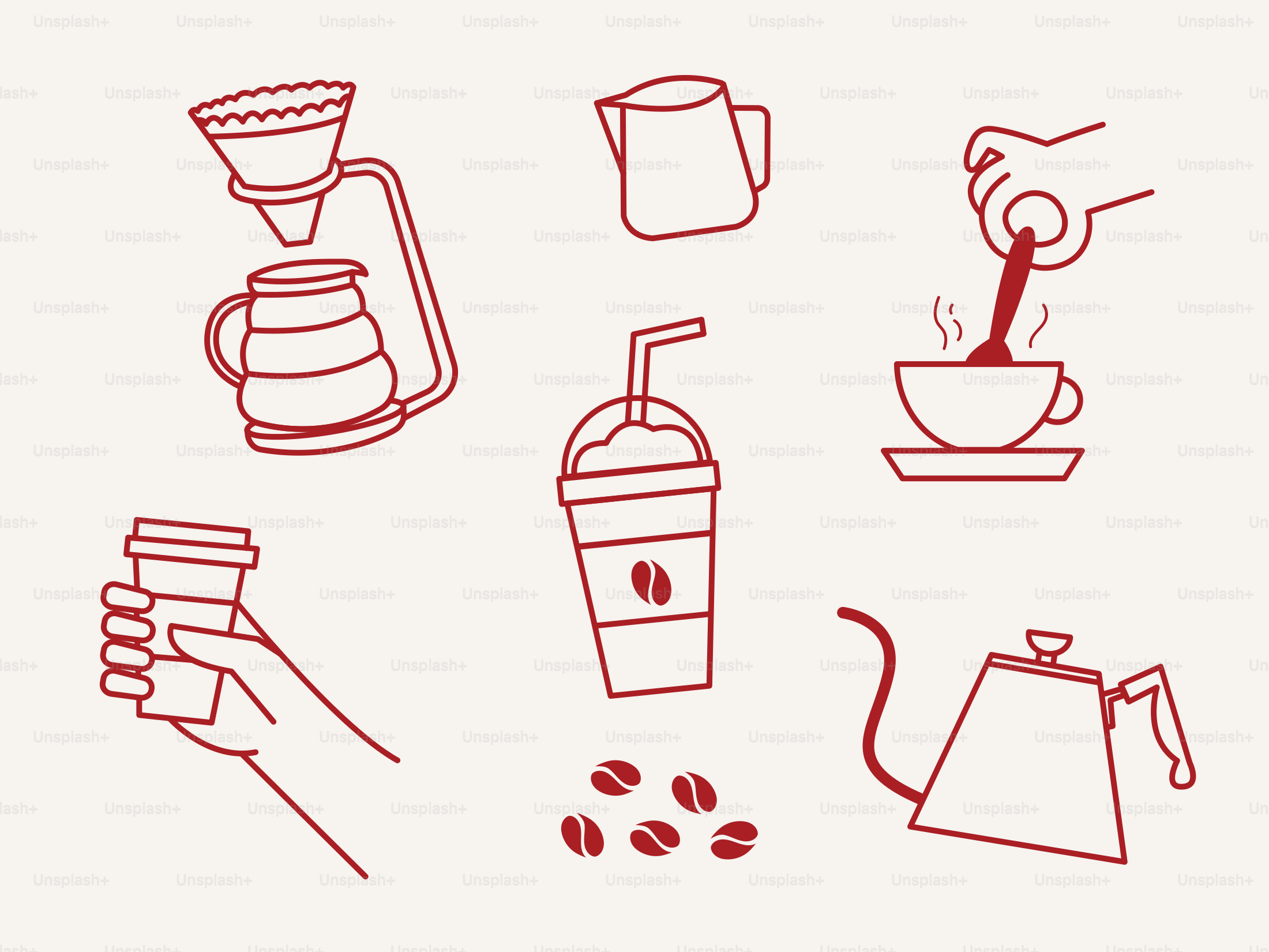 Various coffee brewing methods and drinks are shown.