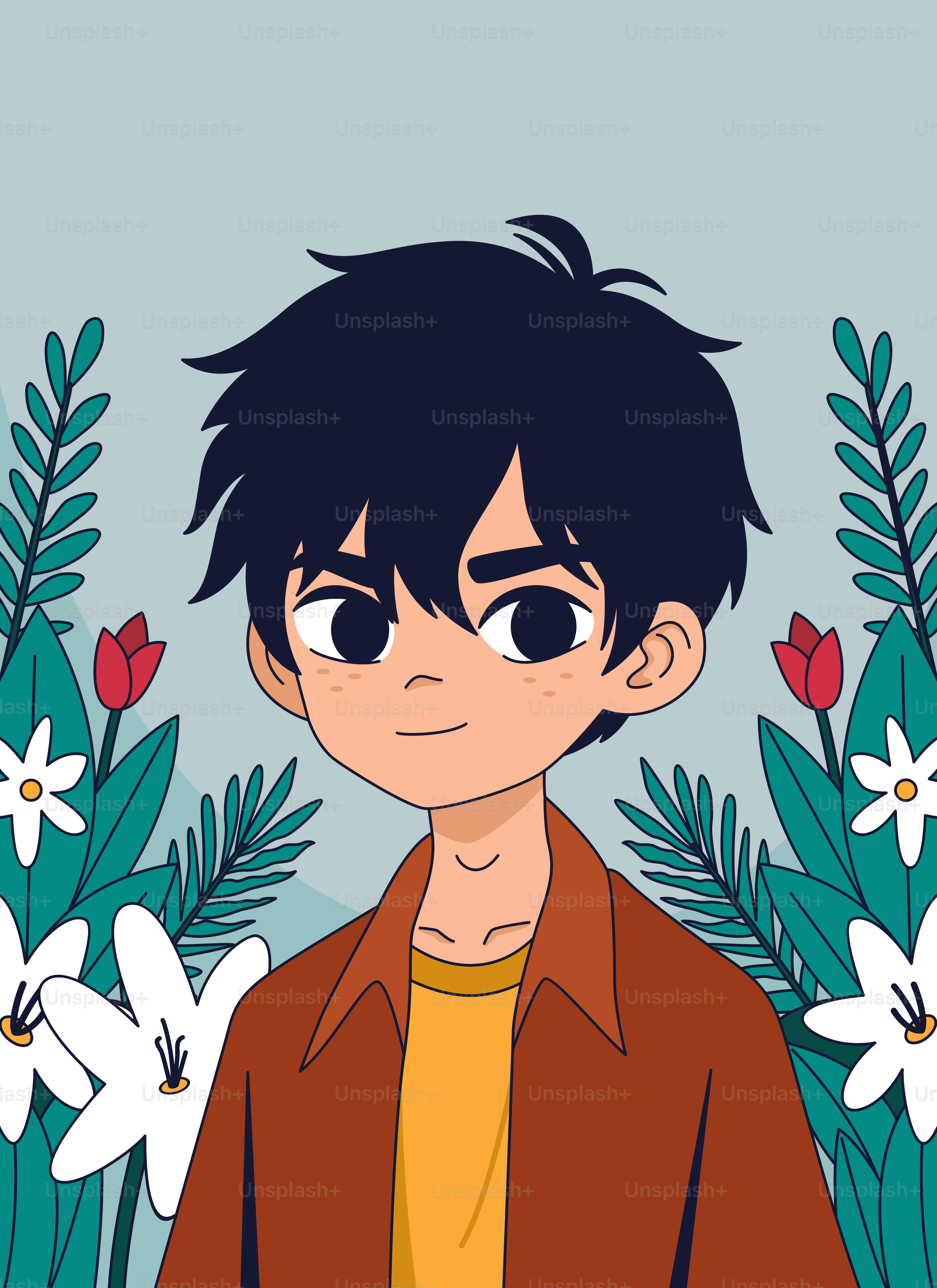 A smiling young boy with a floral background.